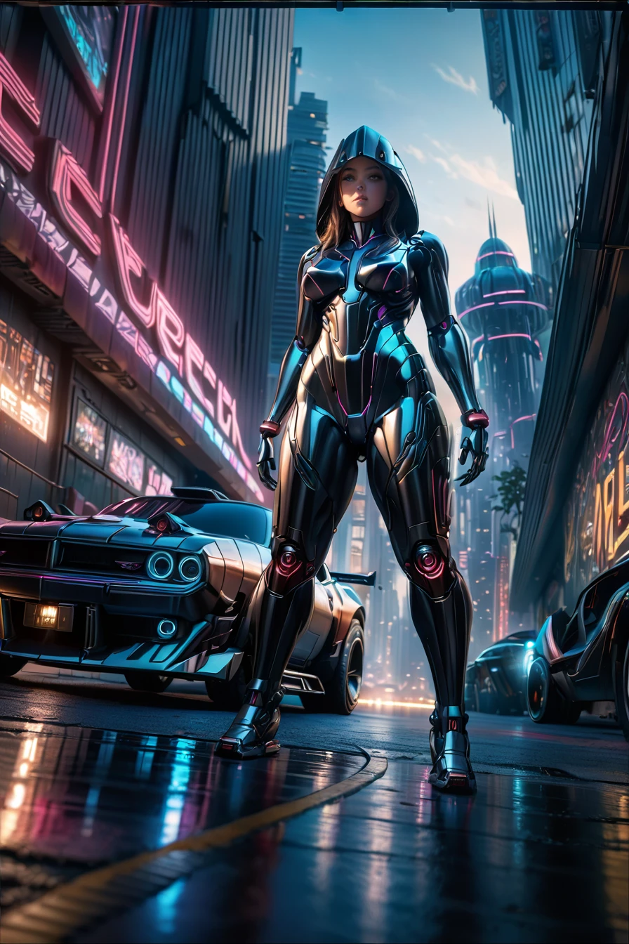 Hot Cyber girl with high tech sexy suit with backgroud neo light with city with high tech car