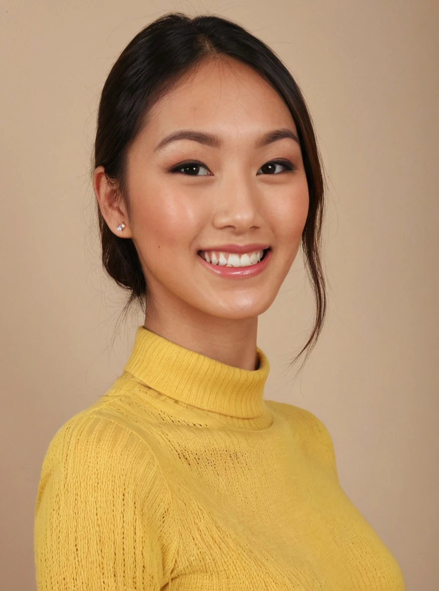 Portrait photo of ev3lynl1n woman, yellow turtleneck blouse, sharp, high definition, photograph, detailed face, smile and lipstick