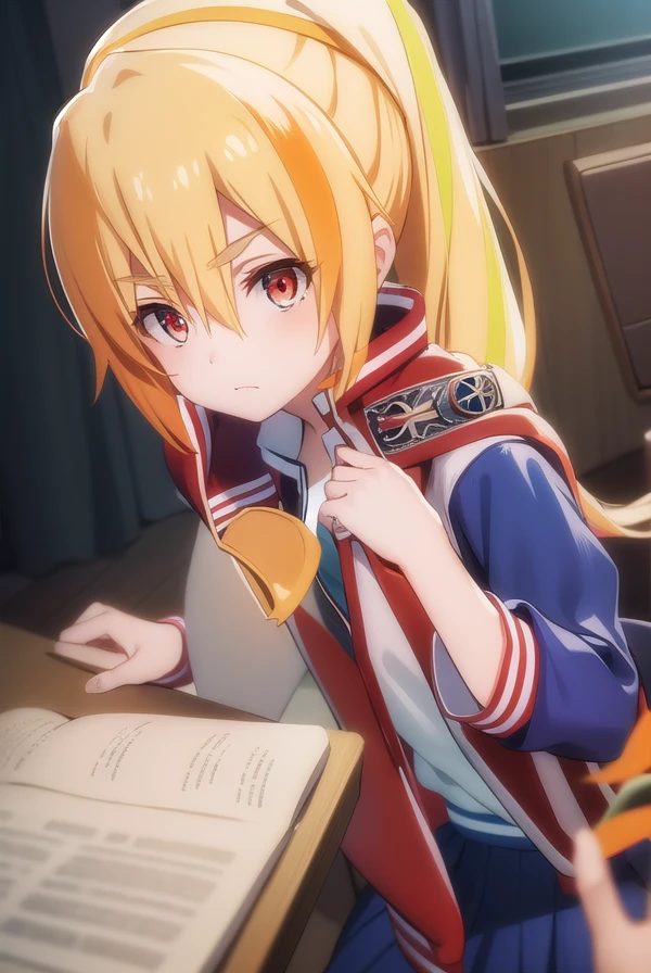 sakinikaidou, <lora:saki nikaidou s2-lora-nochekaiser:1>,
saki nikaidou, blonde hair, eyes visible through hair, hair over one eye, light green hair, long hair, multicolored hair, (orange eyes:1.3), orange hair, ponytail, streaked hair,
BREAK blue skirt, jacket, (letterman jacket:1.5), necktie, orange necktie, skirt,
BREAK looking at viewer, full body,
BREAK indoors, classroom,
BREAK <lyco:GoodHands-beta2:1>, (masterpiece:1.2), best quality, high resolution, unity 8k wallpaper, (illustration:0.8), (beautiful detailed eyes:1.6), extremely detailed face, perfect lighting, extremely detailed CG, (perfect hands, perfect anatomy),