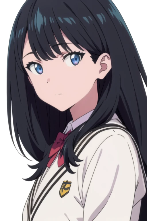 solo, 1girl, looking at viewer, 2D, anime, anime coloring, upper body, (solid white background:1.3), <lora:rikka-ssss-01:0.8>, rikka takarada, school uniform, looking at viewer, closed mouth
