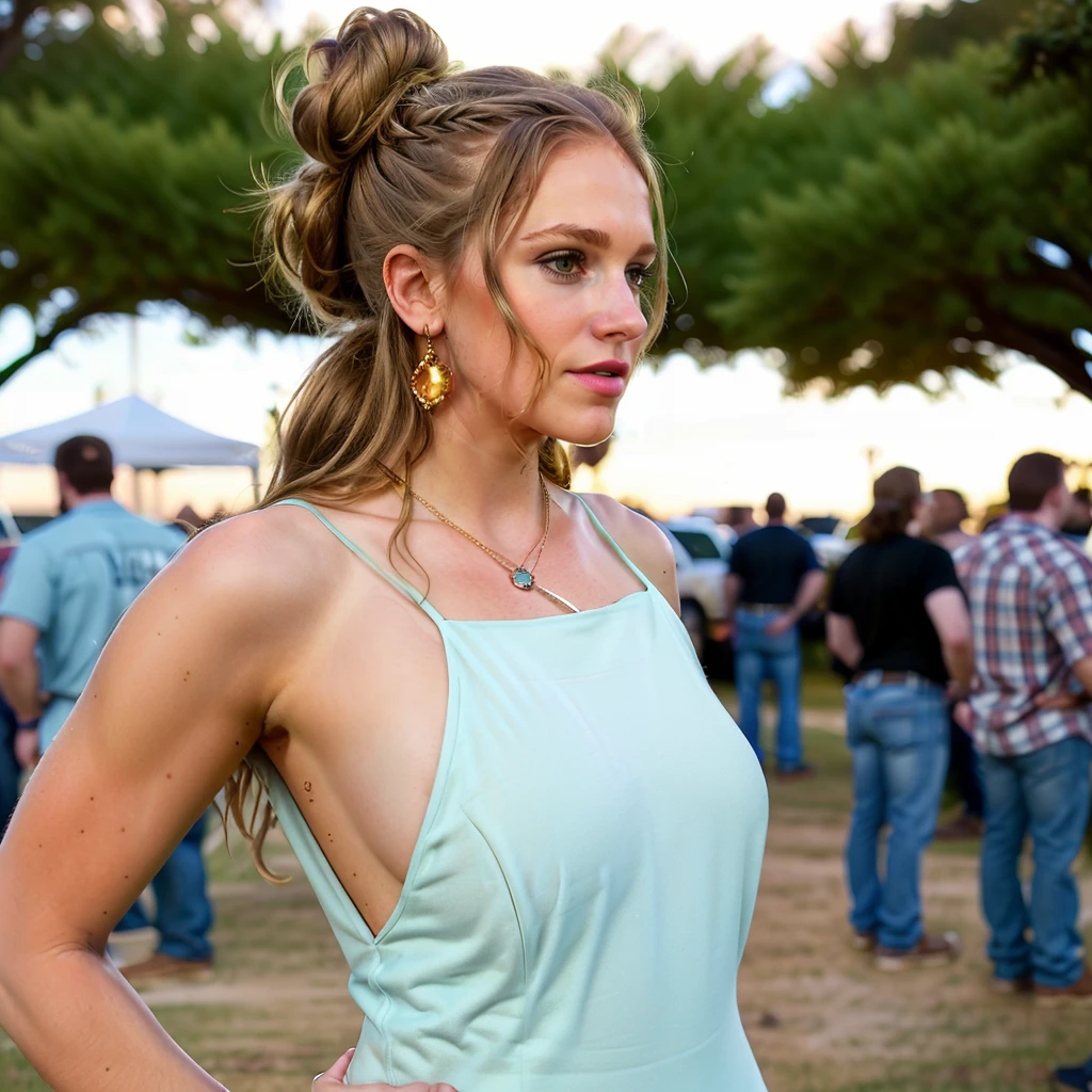 half length, three quarter profile, jennifer9ti4a, breasts, wearing a pastel blue dress,huge breasts, <lora:Dress_Deep_Armhole:1> cut4w4y_dr3ss , face, cowboy hat, hair in messy single bun. (smile:0.3), makeup flirting shamelessly at redneck tailgate party, crowded, multiple people, (looking at the viewer:1.3) men in flannel shirts and jeans in background, desolate parking lot, trash