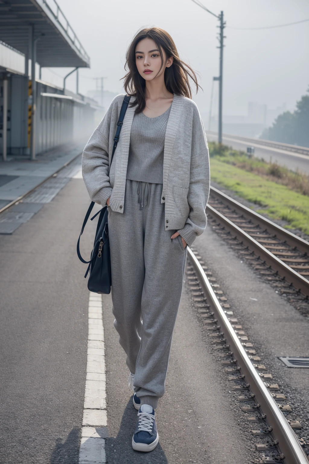 8k, best quality, masterpiece, realistic, ultra detail, photo realistic, Increase quality,(wearing a (open grey jacket sweater, loose demin pants, canvas shoes))), (walking along a railway, (outdoors, misty landscape, )) ,  <lora:cnb5c5le878c73ajdjs0:0.8> milesa,  <lora:detailed_hands:0.8> hand, styler, George,, 8k, best quality, masterpiece, realistic, ultra detail, photo realistic, Increase quality, jagged edges, navy, natural beauty, [:(detailed face:1.2):0.2] <lora:more_details:0.3>,