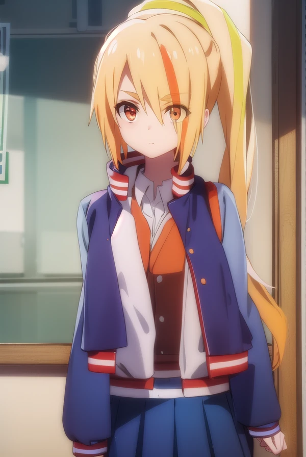 sakinikaidou, <lora:saki nikaidou s2-lora-nochekaiser:1>,
saki nikaidou, blonde hair, eyes visible through hair, hair over one eye, light green hair, long hair, multicolored hair, (orange eyes:1.3), orange hair, ponytail, streaked hair,
BREAK blue skirt, jacket, (letterman jacket:1.5), necktie, orange necktie, skirt,
BREAK looking at viewer, full body,
BREAK indoors, classroom,
BREAK <lyco:GoodHands-beta2:1>, (masterpiece:1.2), best quality, high resolution, unity 8k wallpaper, (illustration:0.8), (beautiful detailed eyes:1.6), extremely detailed face, perfect lighting, extremely detailed CG, (perfect hands, perfect anatomy),