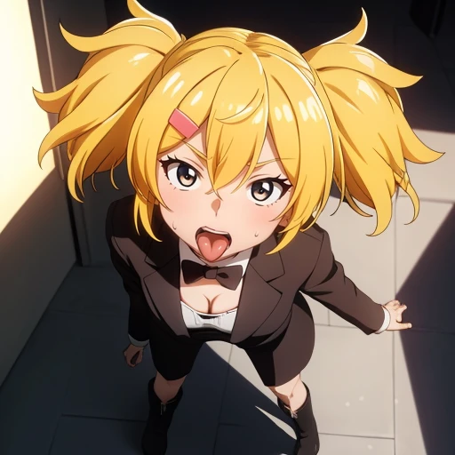 masterpiece, Highest Quality, Highest Resolution, perfect background, perfect perspective, sharp image, perfect details, perfect lighting, perfect shadows, Perfect lighting, Best anime, background, 1girl, solo, twin tails, blond hair, hair in between eyes, boots, short hair, small breasts, tuxedo, cleavage, leaning towards viewer, steam, hot, sweaty, deep blush, indoors, office, pov, black tie, tongue out, standing,