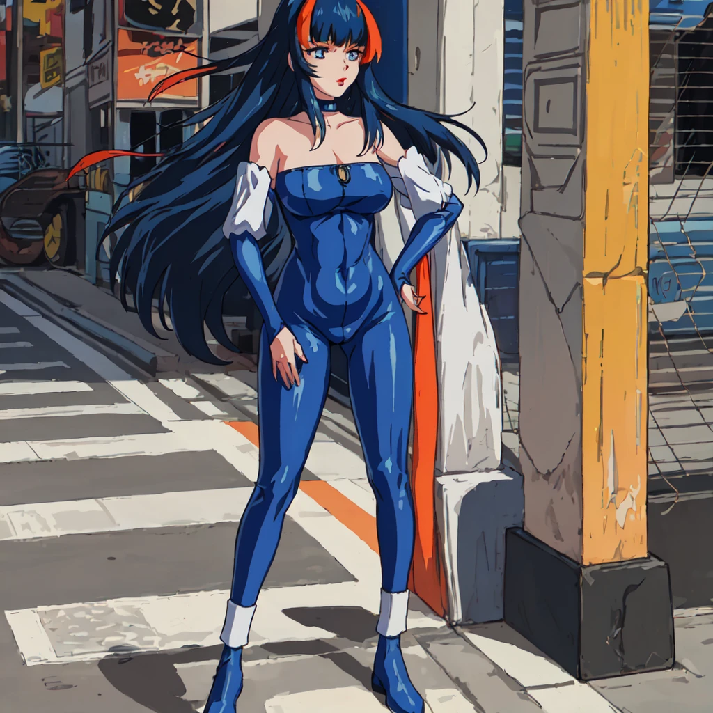 <lora:Aisha:1>outdoor,street,Masterpeace,high quality,Aisha, 1girl, solo, long hair,blue hair,blue eyes,bare shoulders,detached sleeves,choker, streaked hair,blue bodysuit,lipstick,red lips,blunt bangs,orange hair,full body, hands on hip, standing