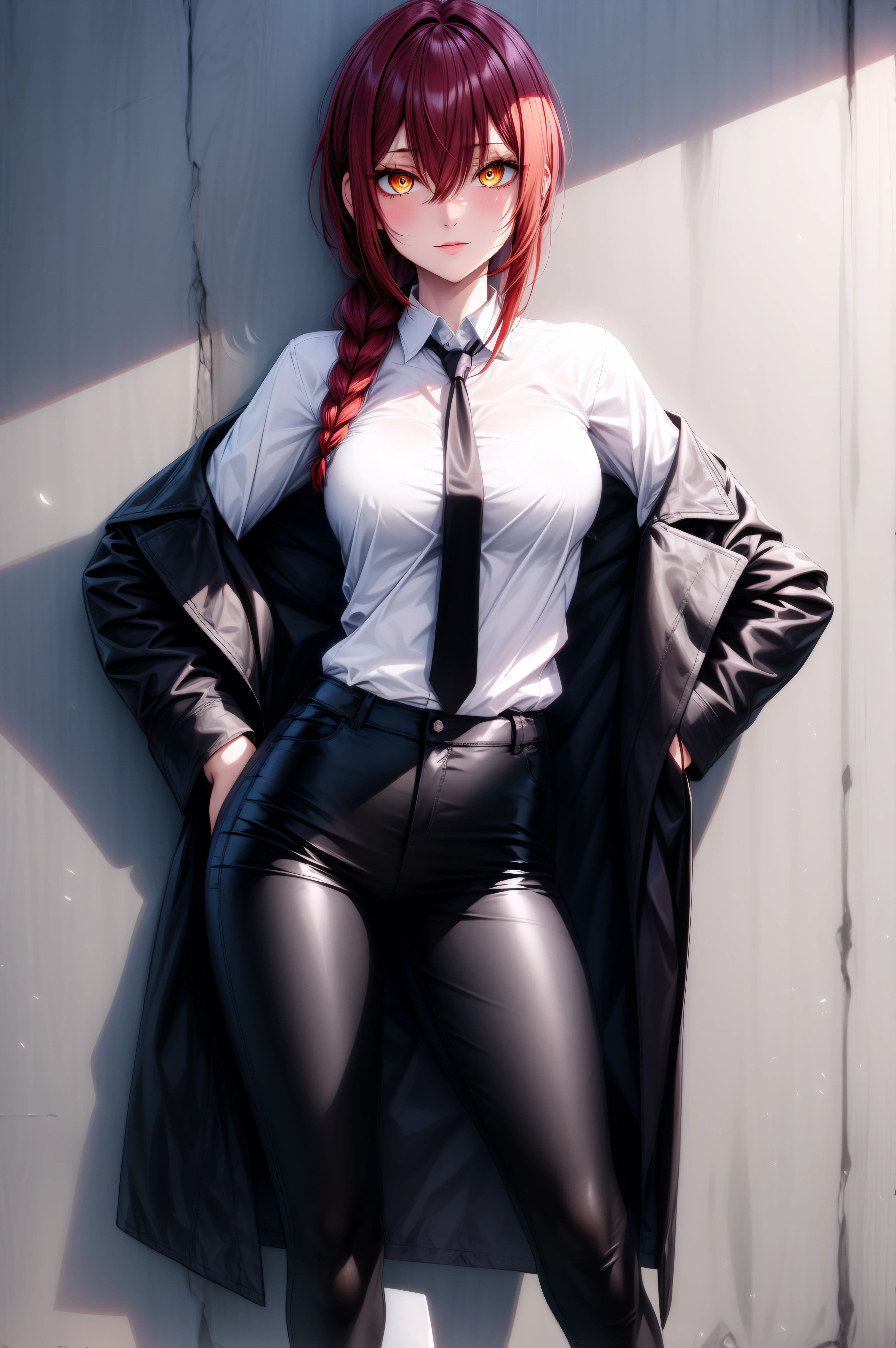 (masterpiece, best quality), <lora:makima-lora-Faxtron:0.8> makima, woman, yellow eyes, ringed eyes, red hair, long hair, braided ponytail, hair between eyes, medium breasts, bangs, long sleeves, white shirt, black coat, black pants, black necktie, black shoes,
<lora:add_detail:0.8>,