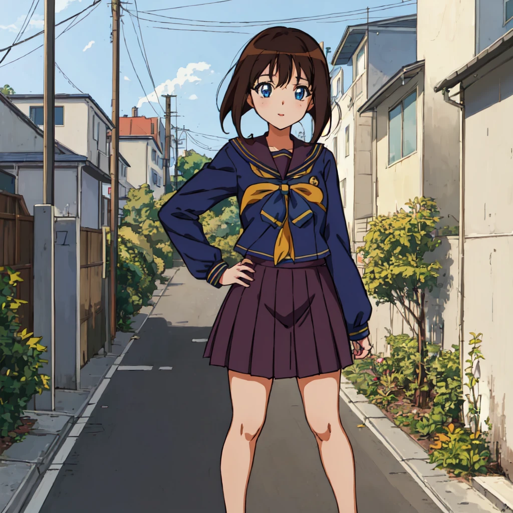 <lora:Kurumi_Tomonaga-10:1>outdoor,street,Masterpeace,high quality,Kurumi_Tomonaga, 1girl, solo,short hair, blue eyes,brown hair, serafuku, standing, full body, hand on hip