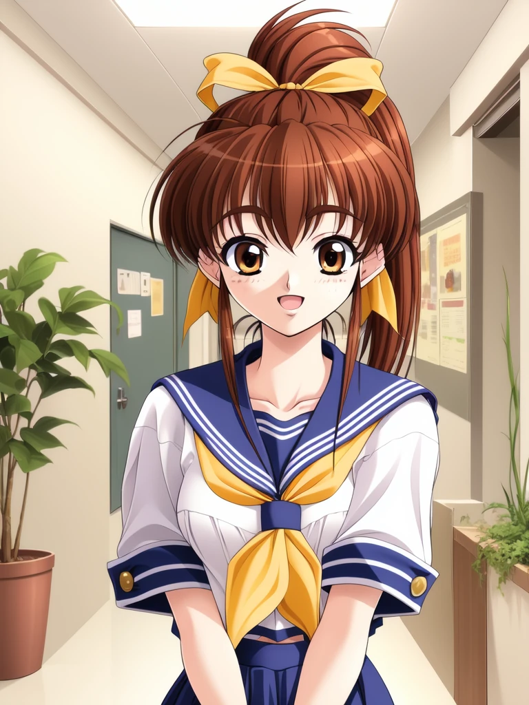 <lora:Shimagi_Kana:0.8>, ShimagiKana, 1girl, solo, school uniform, brown hair, serafuku, plant, ponytail, brown eyes, ribbon, v arms, hair ribbon, potted plant, skirt, looking at viewer, indoors, neckerchief, long hair, chair,
open mouth, smile,
masterpiece, high quality, very_high_resolution, large_filesize, full color,