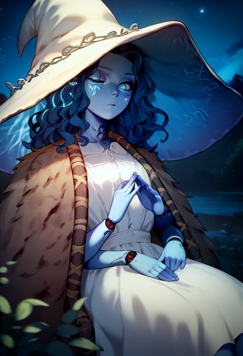 score_9, score_8_up, score_7_up, solo, 1girl, IncrsXLRanni, expressionless, looking at viewer, sitting, wavy hair, cracked skin, blue skin, colored skin, extra arms, extra faces, doll joints, white dress, witch hat, brown cloak, night, outdoors, star \(sky\) <lora:style_qt0ri_ponyXL-000011:1> <lora:Ranni_XLPD_CAME:1>