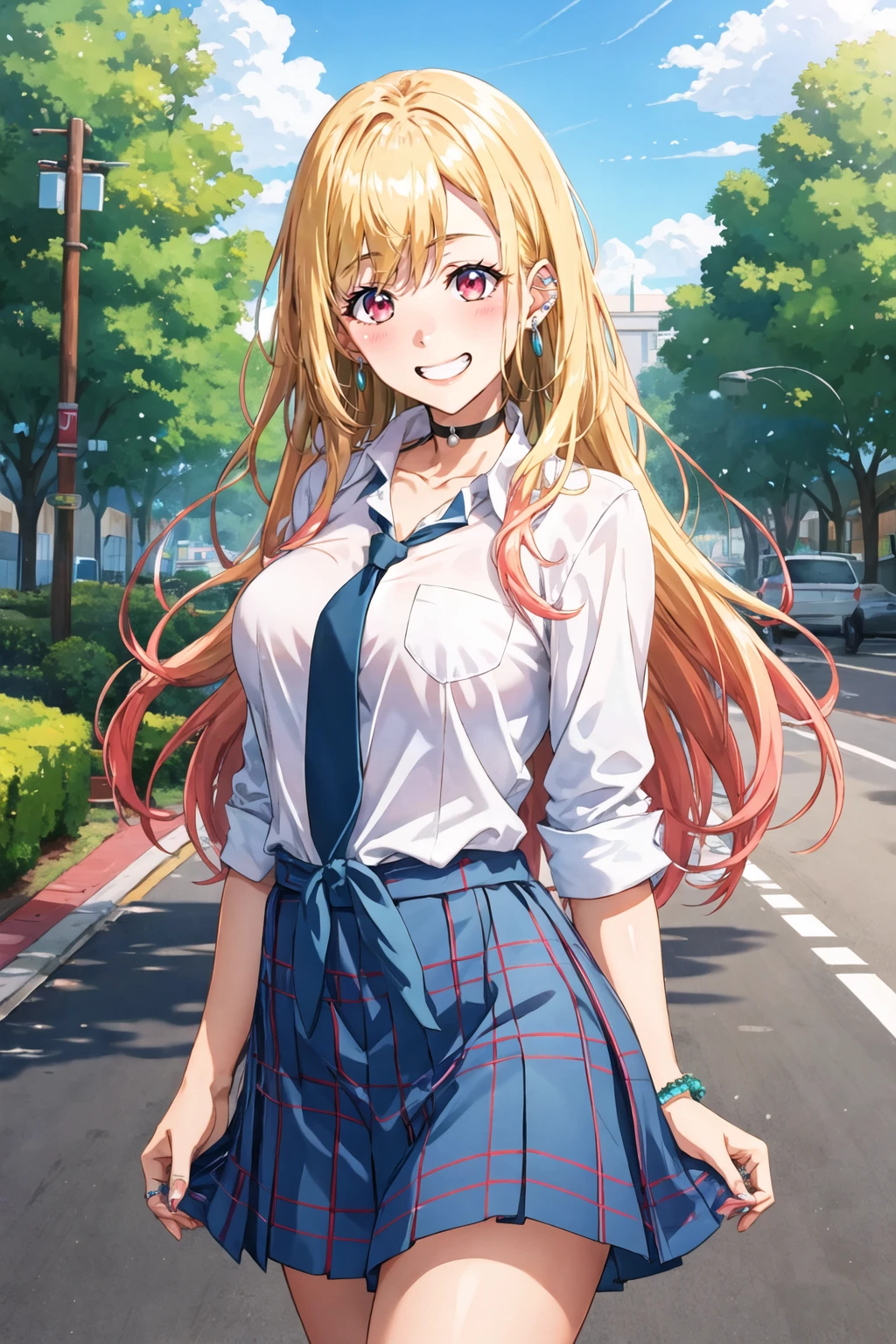 masterpiece, best quality, highres, kitagawa marin, 1girl, blonde hair, long hair, multicolored hair, red eyes, jewelry, earrings, piercing, school uniform, white shirt, tied shirt, black choker, blue necktie, plaid skirt, <lora:kitagawa_marin_v1-1:0.7>, grin, smile, standing, cowboy shot, outdoors, blue skirt <lora:hokkyoku-hotaru-Style:1>