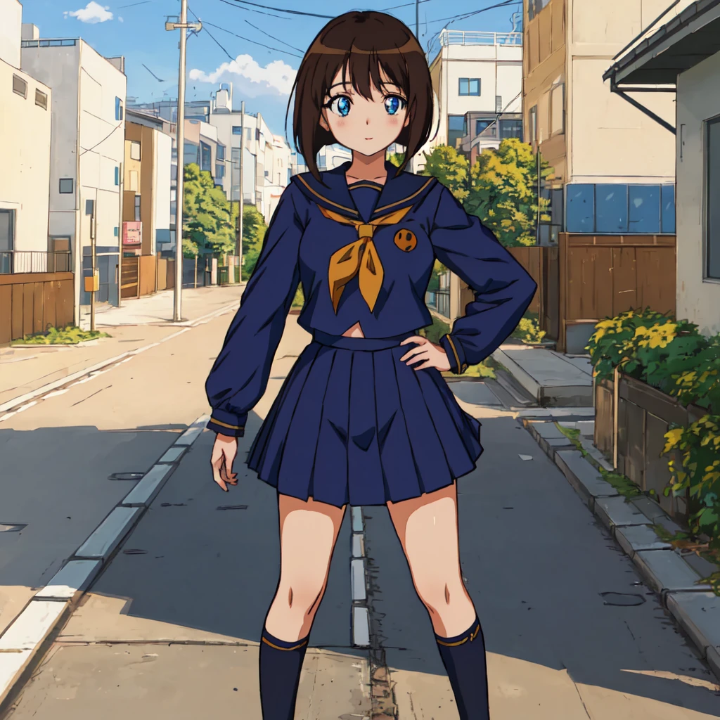 <lora:Kurumi_Tomonaga-10:1>outdoor,street,Masterpeace,high quality,Kurumi_Tomonaga, 1girl, solo,short hair, blue eyes,brown hair, serafuku, standing, full body, hand on hip