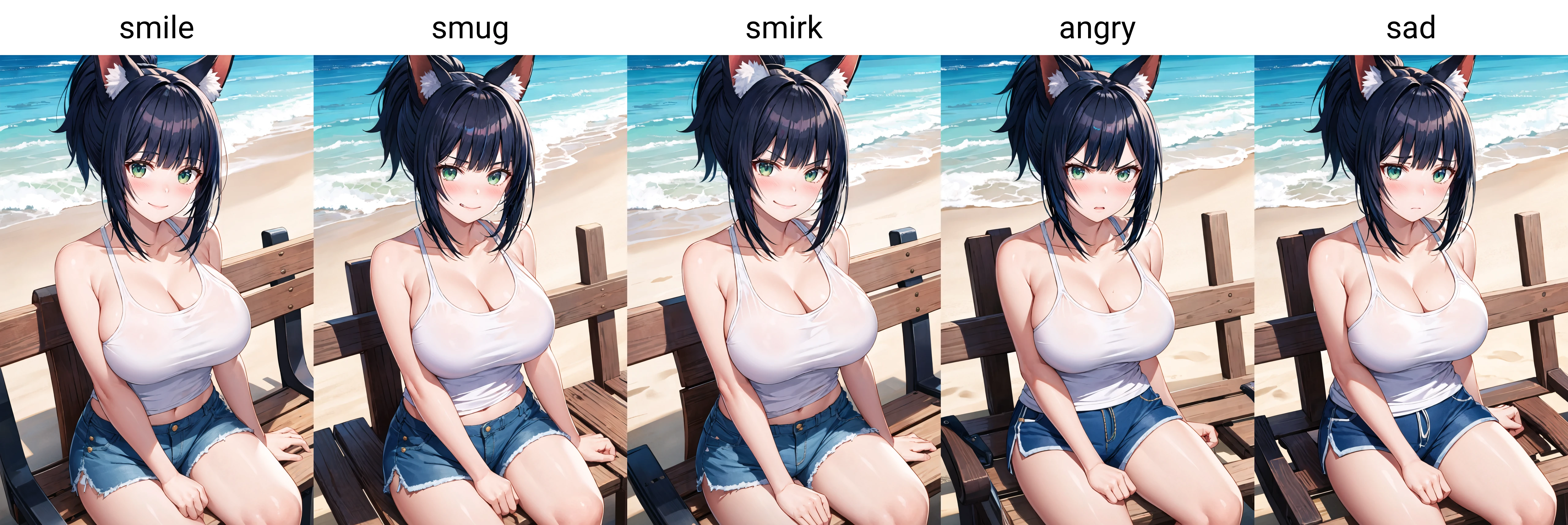 masterpiece, best quality, 1girl, solo, sitting, on bench, outdoors, beach, tank top, (white tank top:1.2), (black hair:1.2), green eyes, (smile), ponytail, blunt bangs, short hair, huge breasts, blue shorts, fox ears,   <lora:Akusema-Style:1>