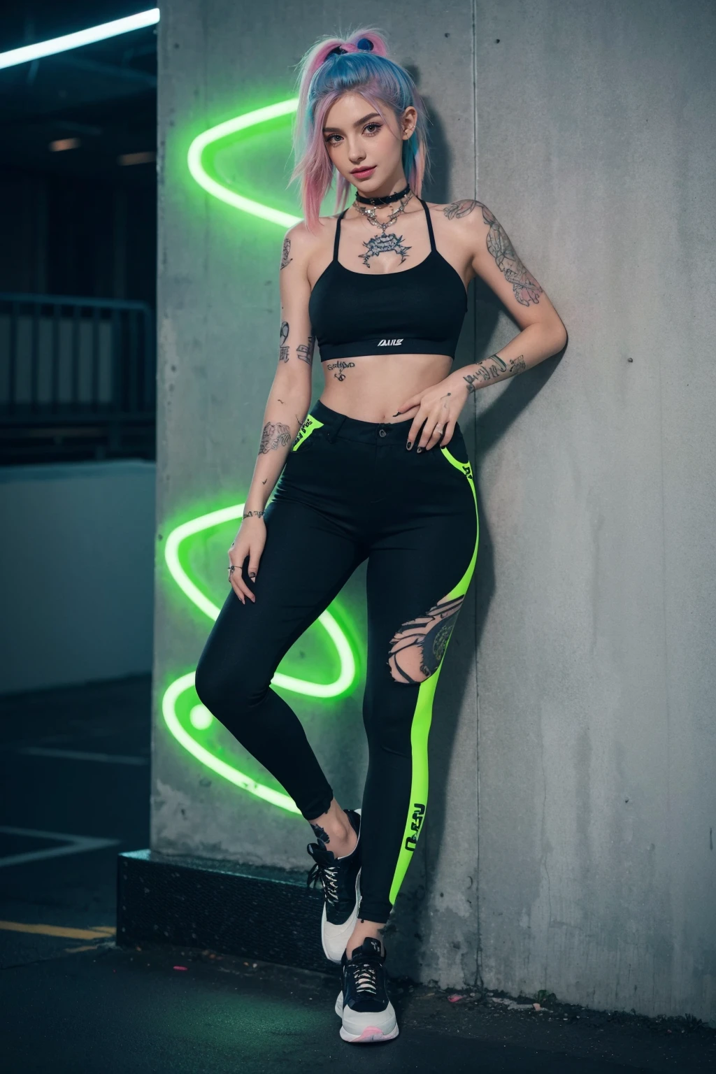 a woman wearing a black outfit, and sneakers, (nose ring), standing lean back on the wall, ((Ellie Williams tattoo on left arm)), ((neon hair color)), (full body shoot), (smile),  best consistency, styler,  <lora:cnb5c5le878c73ajdjs0:0.1> milesa, <lora:add-detail-xl:0.8>, 8k, best quality, masterpiece, realistic, ultra detail, photo-realistic, Increase quality, jagged edges, navy, natural beauty, [:(detailed face:1.2):0.2] ,<lora:more_details:0.3>, <lora:DetailedEyes_V3:0.8> ,