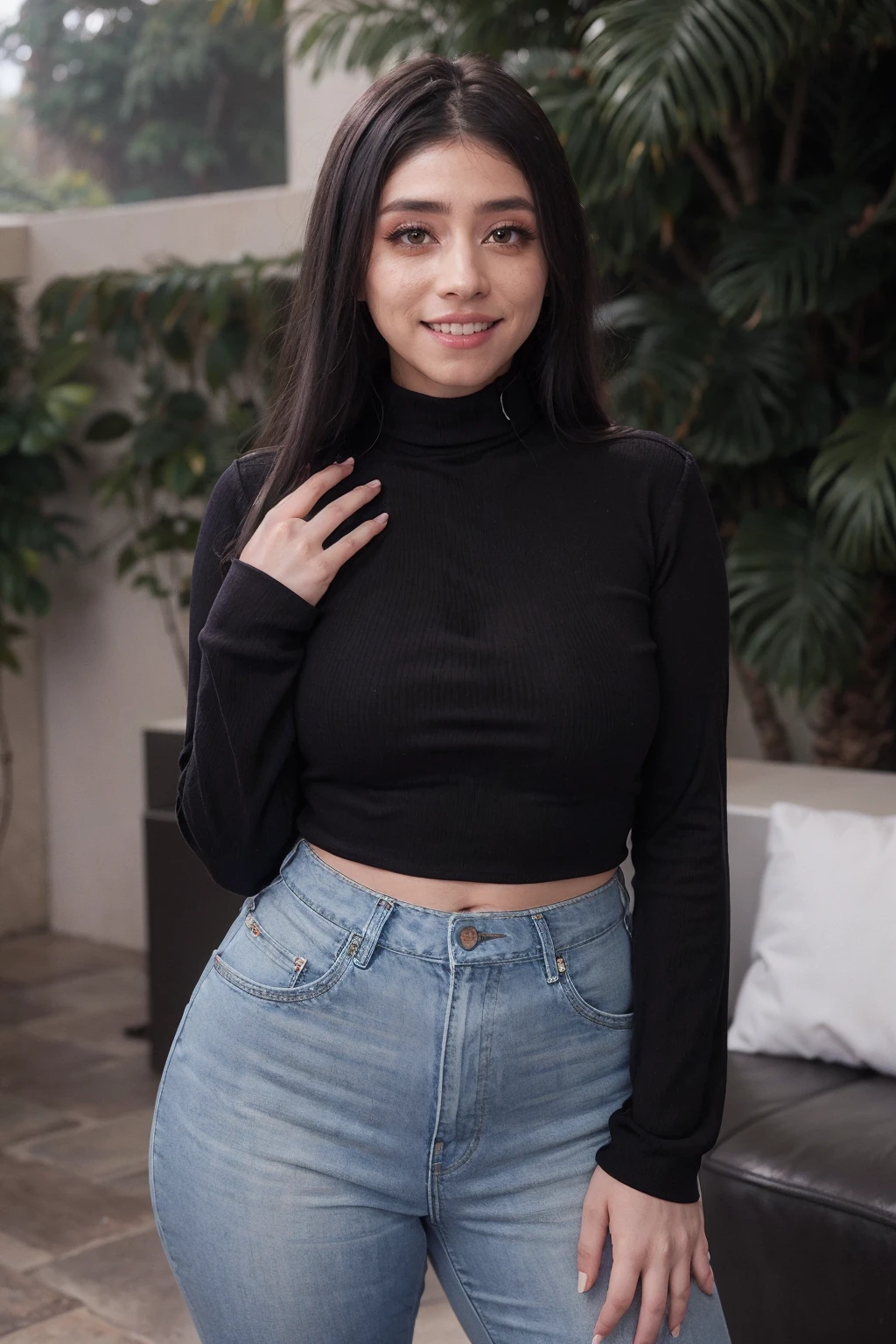 POV blowjob, Young and very thin Albanian woman mistress with perfect face, big eyes and big lips, short, medium length black hair in pigtails, large perfect breasts with perky nipples, on her knees, sexy miniskirt, black choker, hogtied, eye contact