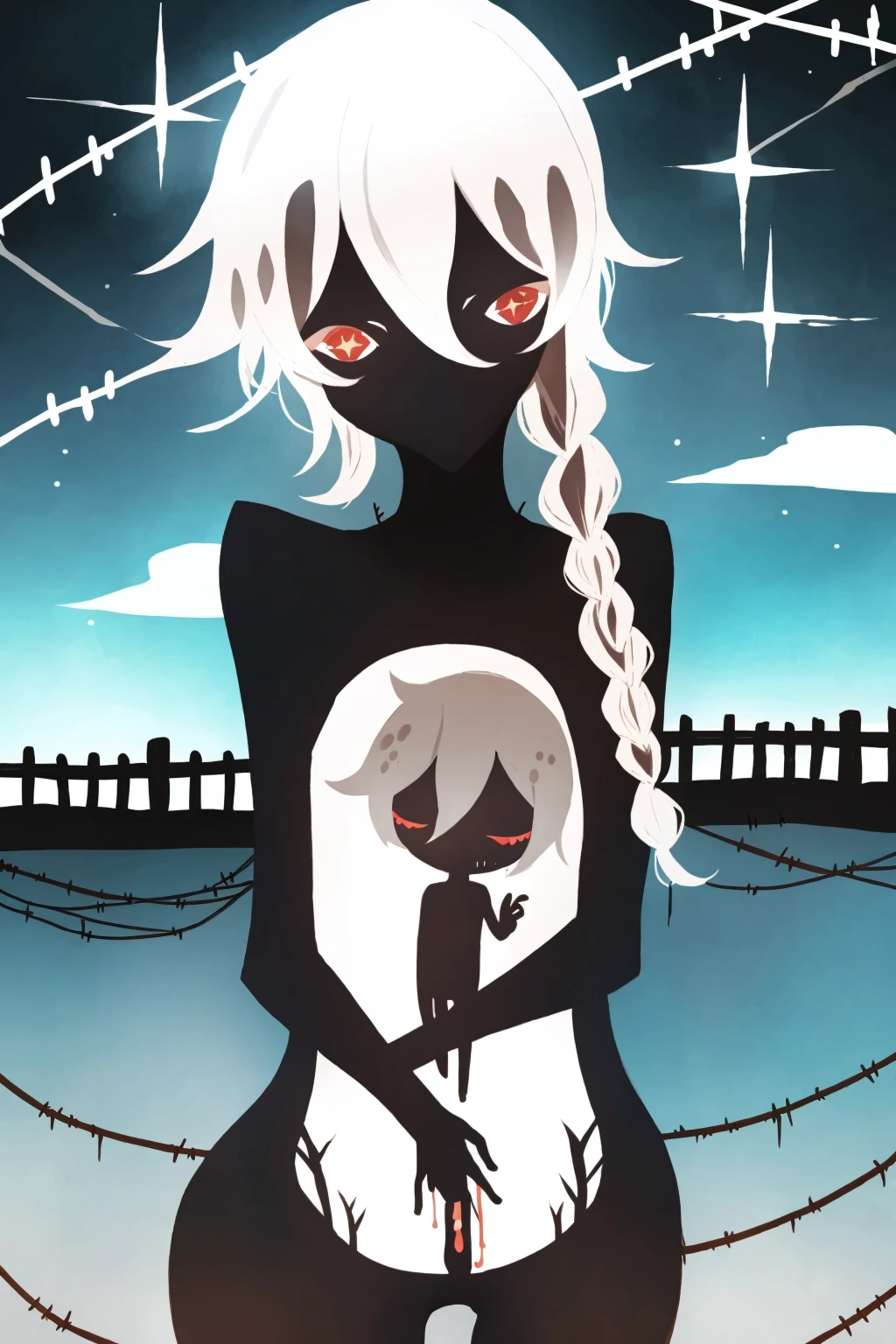 masterpiece, best quality, <lora:style23:1>,braid, red eyes, 1girl, solo, white hair, nude, silhouette, single braid, long hair, bangs, hair between eyes, holding, looking at viewer, fence, barbed wire, grey hair, sky, cloud, outdoors, sparkle, no mouth, 1boy, skeleton