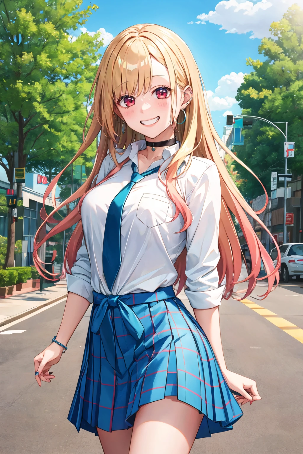 masterpiece, best quality, highres, kitagawa marin, 1girl, blonde hair, long hair, multicolored hair, red eyes, jewelry, earrings, piercing, school uniform, white shirt, tied shirt, black choker, blue necktie, plaid skirt, <lora:kitagawa_marin_v1-1:0.7>, grin, smile, standing, cowboy shot, outdoors, blue skirt <lora:Giuniu-Locon-style-v1:1>