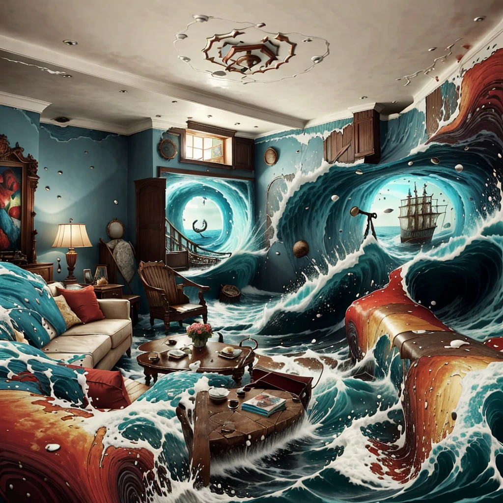 GratefulAI living room in stormy sea, high tide, crashing waves, water bursting through walls, ship of fools, bright and colorful, psychedelic <lora:GratefulAI:.8>