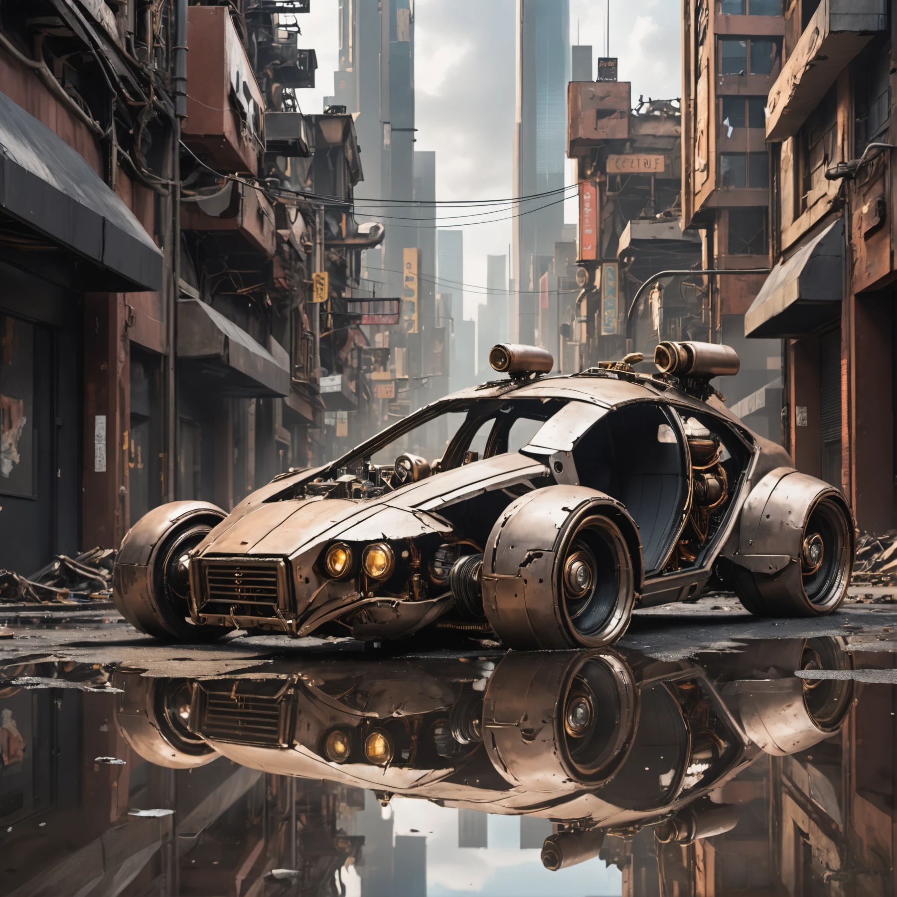 photo of a futuristic steampunk car, destroyed cyberpunk city, reflective puddles , natural light