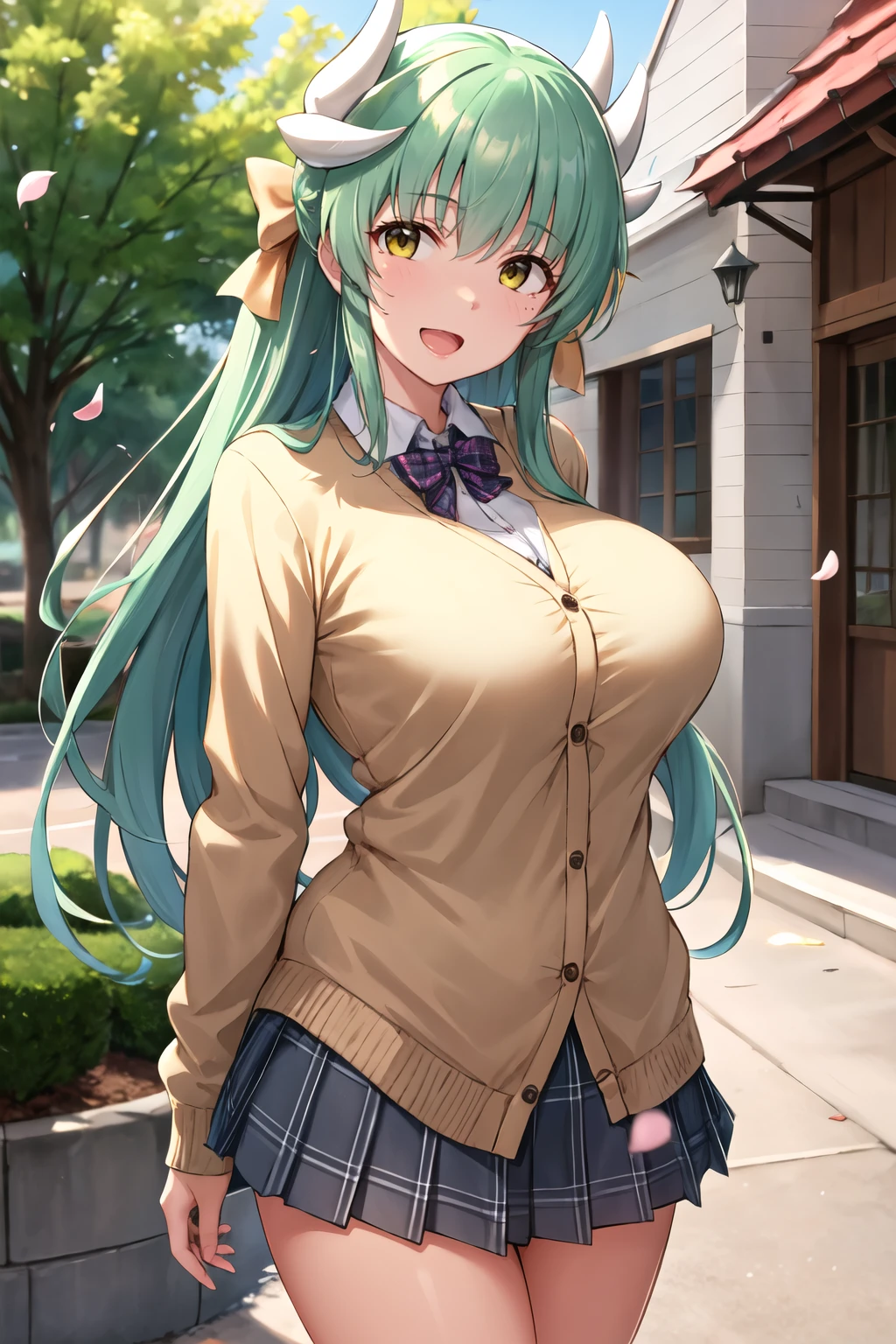 masterpiece, best quality, highres, aakiyo, long hair, aqua hair, white horns, hair bow, yellow bow, yellow eyes, <lora:kiyohime_(lancer)_v1:0.7>, cardigan, plaid skirt, arms behind back, smile, open mouth, petals, outdoors, big breasts   <lora:tomajiyama-Style-000080:1>