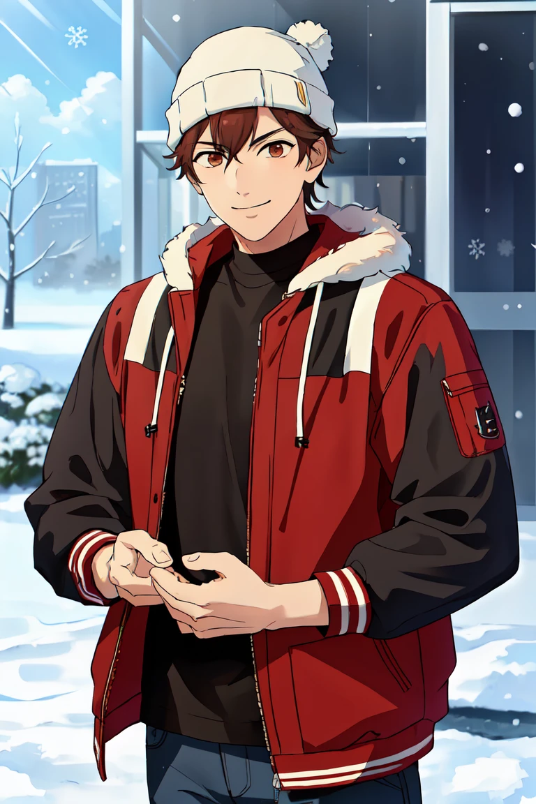 (((best quality, high resolution, masterpiece, very detailed))), <lyco:husbandoLocon_v4:0.7>, anime screencap, 1boy, solo focus, male focus, short hair, depth of field, muscular male, outdoor, smile <lora:Chiaki_Morisawa:0.7> chiakimorisawa, brown hair, brown eyes,winter, winter clothings, jacket, beanie, Flushed, heavy breathing,