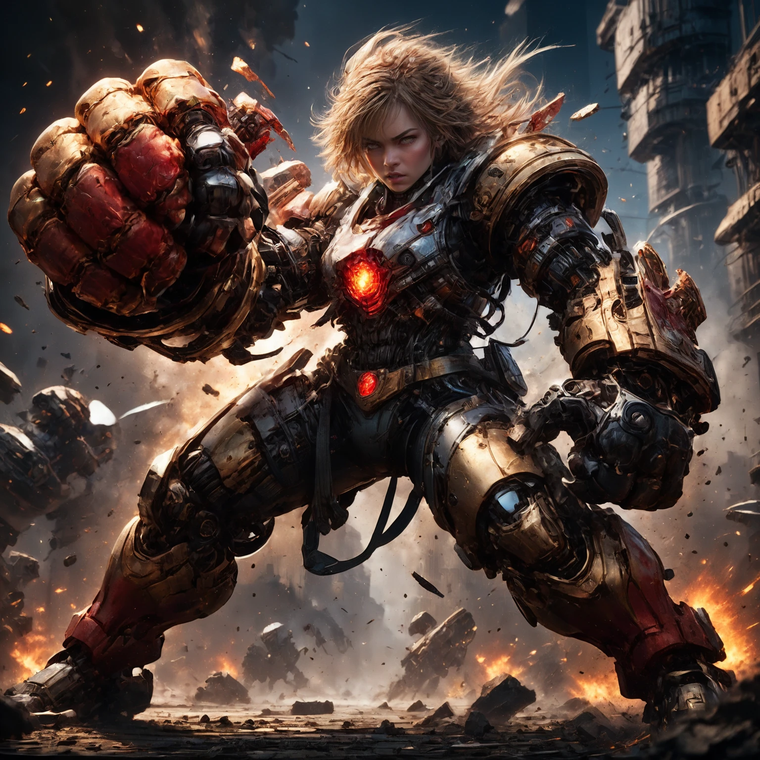 amazing quality, masterpiece, best quality, hyper detailed, ultra detailed, UHD, HDR, DOF, depth of field, perfect anatomy, sci-fi,
female, (red hybrid gold) giant mechanical arms, fighting stance, fist, hand up, angry,
glowing, shine, dazzling, war, explosion in background, flame in background,
<lora:cfc-giant-mechanical-arms:0.7>,
<lora:ral-vlntxplzn:0.8>, ral-vlntxplzn,
<lora:add-detail-xl:0.85>,
<lora:EnvyBetterHiresFixXL01:1.0>,
<lora:extremely_detailed:1.2>, extremely detailed,