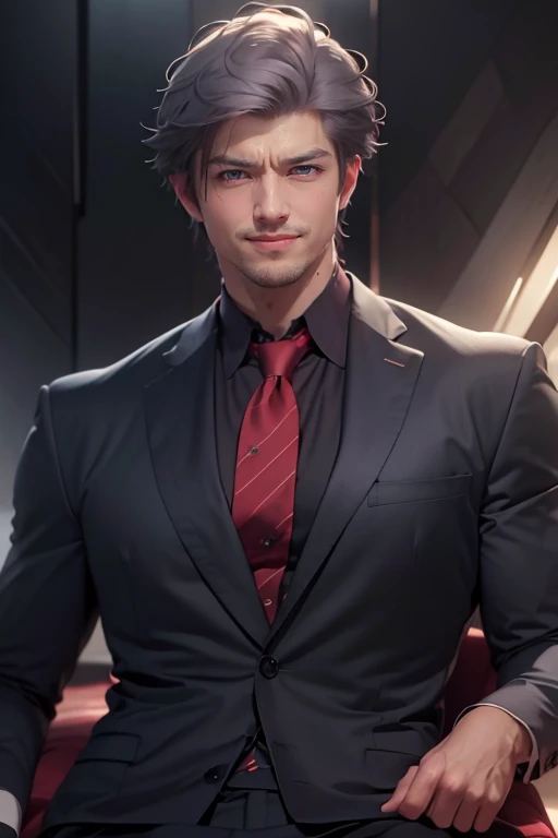 (ultimate quality, masterpiece, highres:1.0), (photorealistic, realistic:1.9), soft lighting, demonic energy, dark, mysterious ambience,
1boy, male focus, edwinblack_taimanin, red eyes, silver hair, angry, grinning, smile, business suit, red tie, muscular, fit body, perfect male body, <lora:EdwinBlack_taimanin_real-000010:0.8>