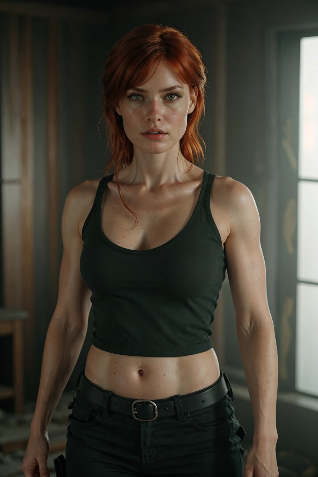Milla Jovovich as Leeloo from The Fifth Element, life-size cyberpunk bioengineered superbeing, disheveled red hair, There are only white bandages on my head, futuristic cyberpunk background, daylight, cinematic sequence, Wide, Bright color palette, contrasting with vintage tones, cinestill 50d, kodak porta 800, Film grain, стиль raw