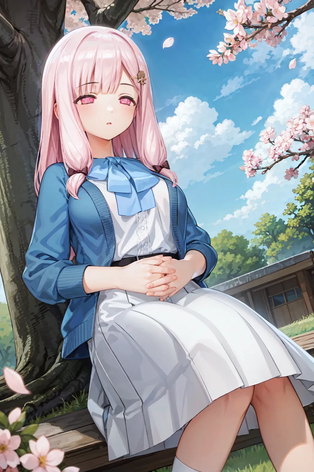(masterpiece, best quality, hires, high resolution:1.2,  8k , high quality),extremely detailed eyes,intricate details,
outdoors,tree,cherry blossoms,petals,closed eyes,parted lips,:o,(looking down:1.2),
1girl,solo,<lora:nacht_20240224_3-000006:0.7>,n@cht,hair bow,hairclip,pink eyes,pink hair,hair ornament,
socks,cardigan,bowtie,loafers,collared shirt,long skirt,belt,
from side,dutch angle,own hands together,sleeping upright