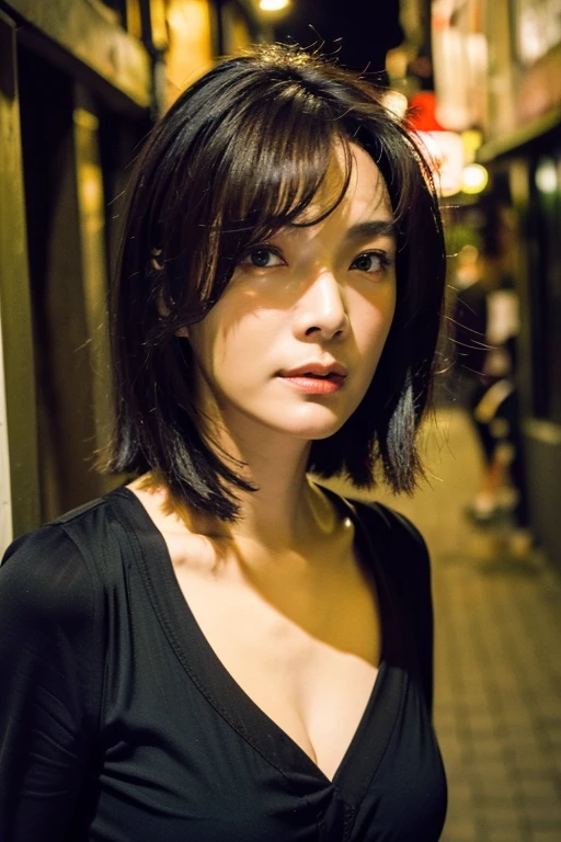 Best quality,masterpiece,ultra high res,(photorealistic:1.2),1girl,in the dark,deep shadow,low key,slim body,undone hair,japanese street alley,dynamic pose,face closeup,(cleavage:0.8),medium breasts,<lora:janel_tsai:1>,