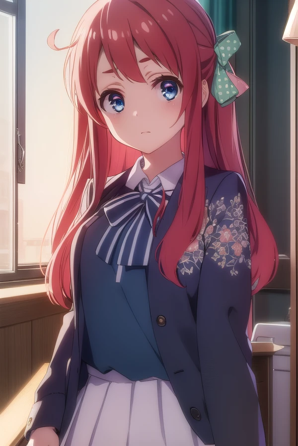sakuraminamoto, <lora:sakura minamoto s2-lora-nochekaiser:1>,
sakura minamoto, blue eyes, long hair, red hair, one side up, hair bow, green bow, red bow, ahoge, polka dot, polka dot bow,
BREAK bowtie, long sleeves, school uniform, serafuku, skirt, white skirt,
BREAK indoors, classroom,
BREAK looking at viewer, (cowboy shot:1.5),
BREAK <lyco:GoodHands-beta2:1>, (masterpiece:1.2), best quality, high resolution, unity 8k wallpaper, (illustration:0.8), (beautiful detailed eyes:1.6), extremely detailed face, perfect lighting, extremely detailed CG, (perfect hands, perfect anatomy),