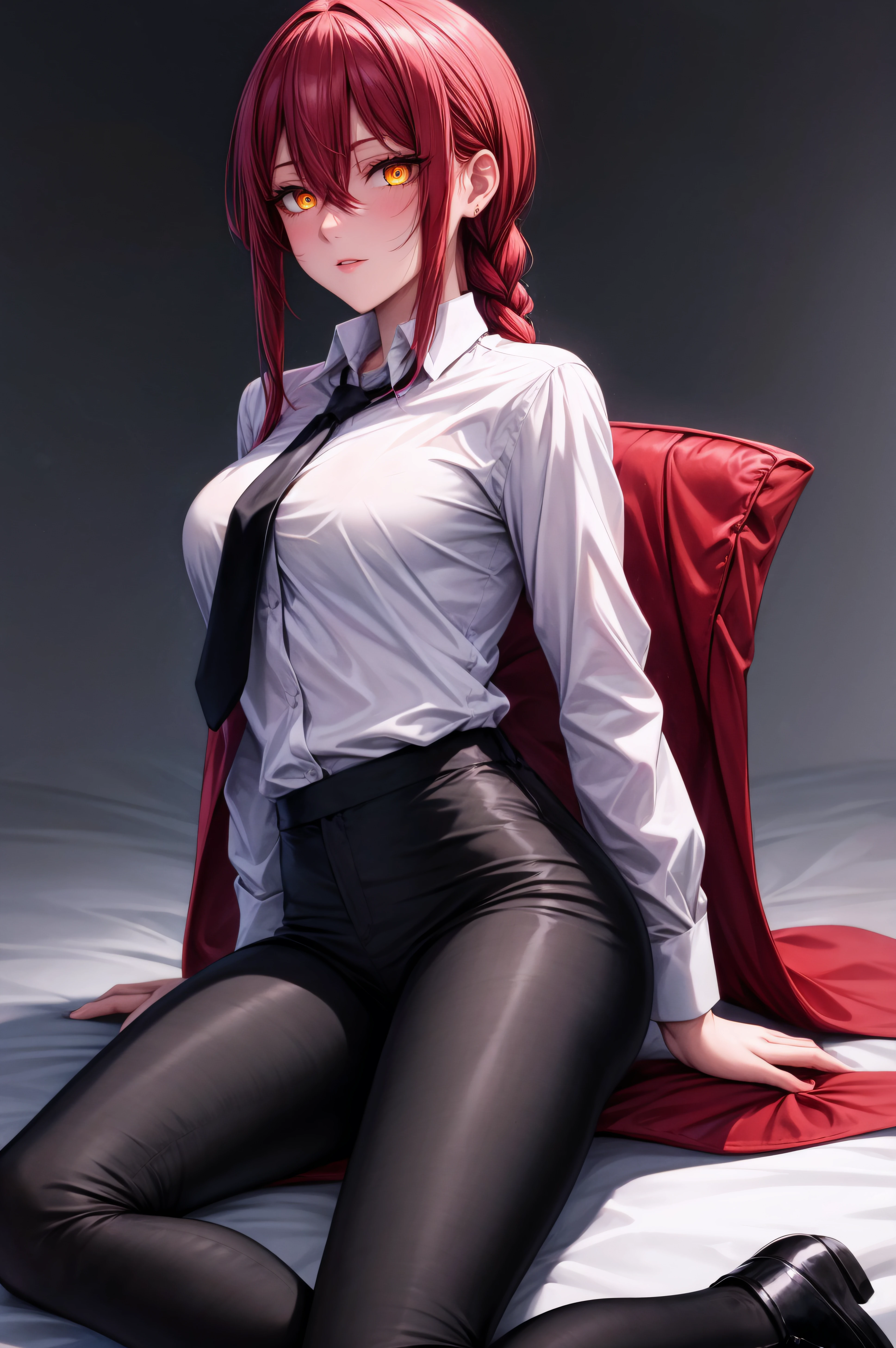 (masterpiece, best quality), <lora:makima-lora-Faxtron:0.8> makima, woman, yellow eyes, ringed eyes, red hair, long hair, braided ponytail, hair between eyes, medium breasts, bangs, long sleeves, white shirt, black coat, black pants, black necktie, black shoes,
<lora:add_detail:0.8>,