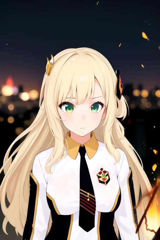 1girl, solo, masterpiece, blurry background, outdoors, fire, sparks, upper body, portrait, cityscape, <lora:sentokireiv1:0.8>, sentokirei, expressionless, dress, two-tone dress, black necktie, long sleeves, hair ornament,