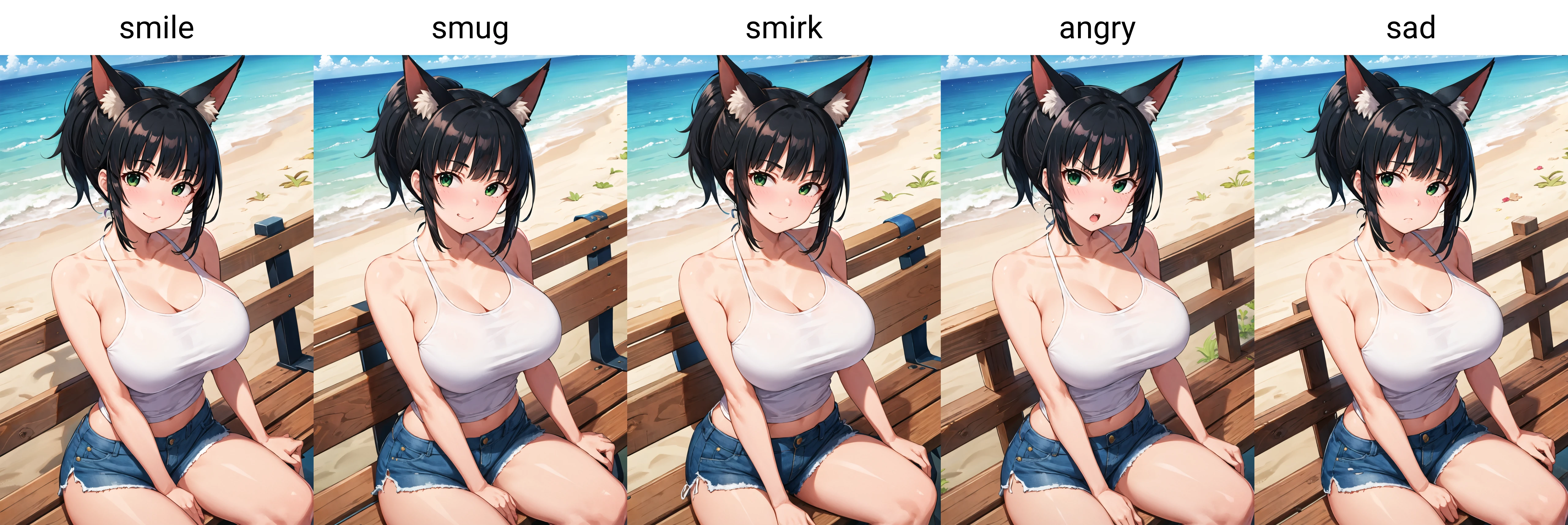 masterpiece, best quality, 1girl, solo, sitting, on bench, outdoors, beach, tank top, (white tank top:1.2), (black hair:1.2), green eyes, (smile), ponytail, blunt bangs, short hair, huge breasts, blue shorts, fox ears, <lora:tomajiyama-Style-000080:1>