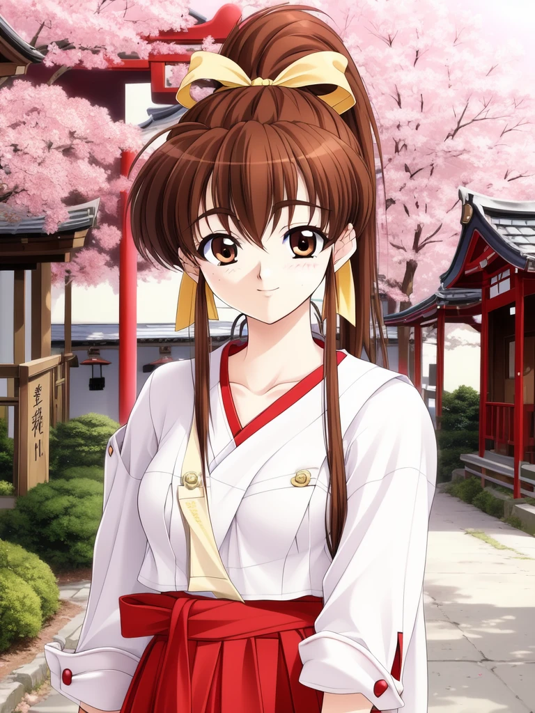 <lora:Shimagi_Kana:0.8>, brown_hair, ponytail,  brown_eyes, hair_ribbon,   high_ponytail, long_hair, medium_breasts, smile,
japanese white clothes, miko, red hakama, shrine, cherry blossom,
masterpiece, high quality, very_high_resolution, large_filesize, full color,