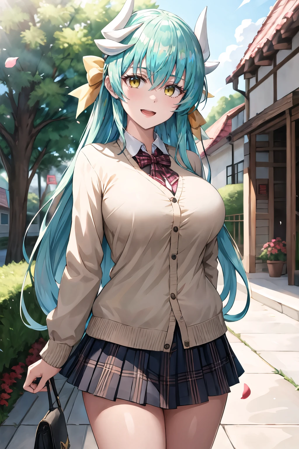 masterpiece, best quality, highres, aakiyo, long hair, aqua hair, white horns, hair bow, yellow bow, yellow eyes, <lora:kiyohime_(lancer)_v1:0.7>, cardigan, plaid skirt, arms behind back, smile, open mouth, petals, outdoors, big breasts<lora:Jasony-Style:1>