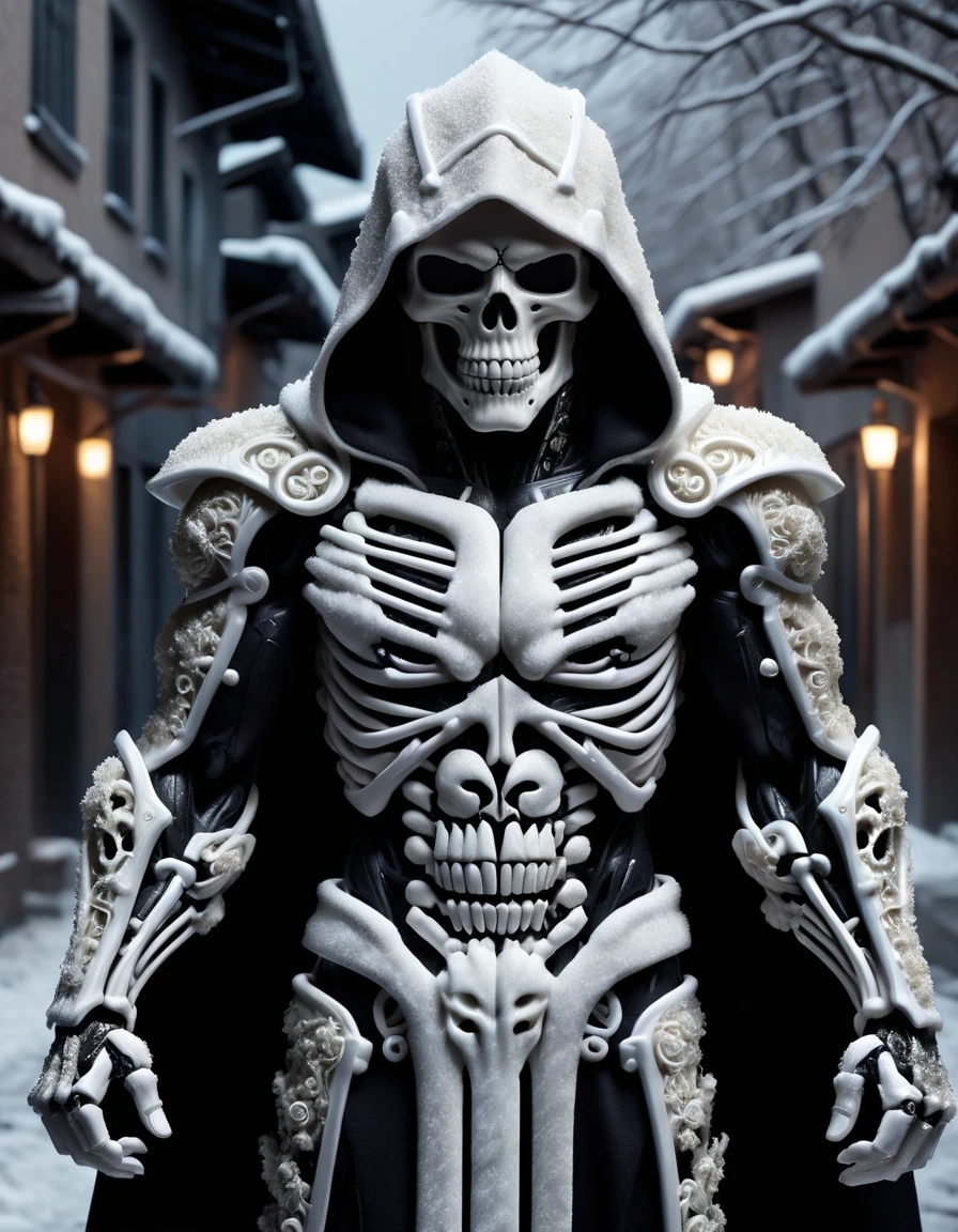 (masterpiece:1.2), best quality, high resolution, perfect lighting, extremely detailed, (Terminator assasin), battle scared white and black carbon armor, Wearing a dark cloak with hood, skull face just visable under hood, full_armor, humanoid, Metal Human skull head, (extreme detailed micro mechcanical scary Metal human skull design). Samurai sword shinning silver, Runes decorative embossments over his cloak, slim muscular body fast agile and stealthy, background a dark back street with subtle lighting and shadows, facing viewer, solo, , uhd, hdr <lora:ral-decoznow:1> ral-decoznow