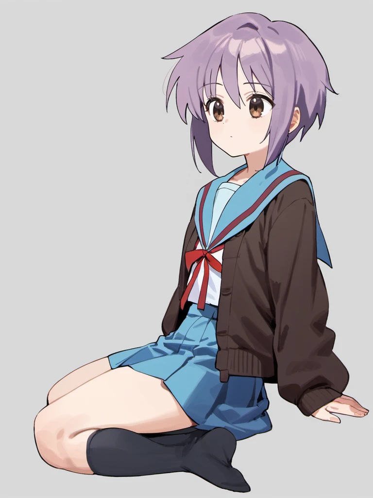 score_9, source_anime,
1girl, nagato yuki, sailor collar, school uniform, skirt, solo, winter uniform, kita high school uniform, cardigan, short hair, purple hair, blue skirt, serafuku, blue sailor collar, open cardigan, red ribbon, brown cardigan, brown eyes, bangs, open clothes, long sleeves, socks, simple background, television, no shoes, ribbon, no mouth, full body, black socks, neck ribbon, grey background, kneehighs, flat color
 <lora:nagato ponyDiffusionV6XL_v6StartWithThisOne 8x16 AdamW8bit__cosine__1708806036:1>