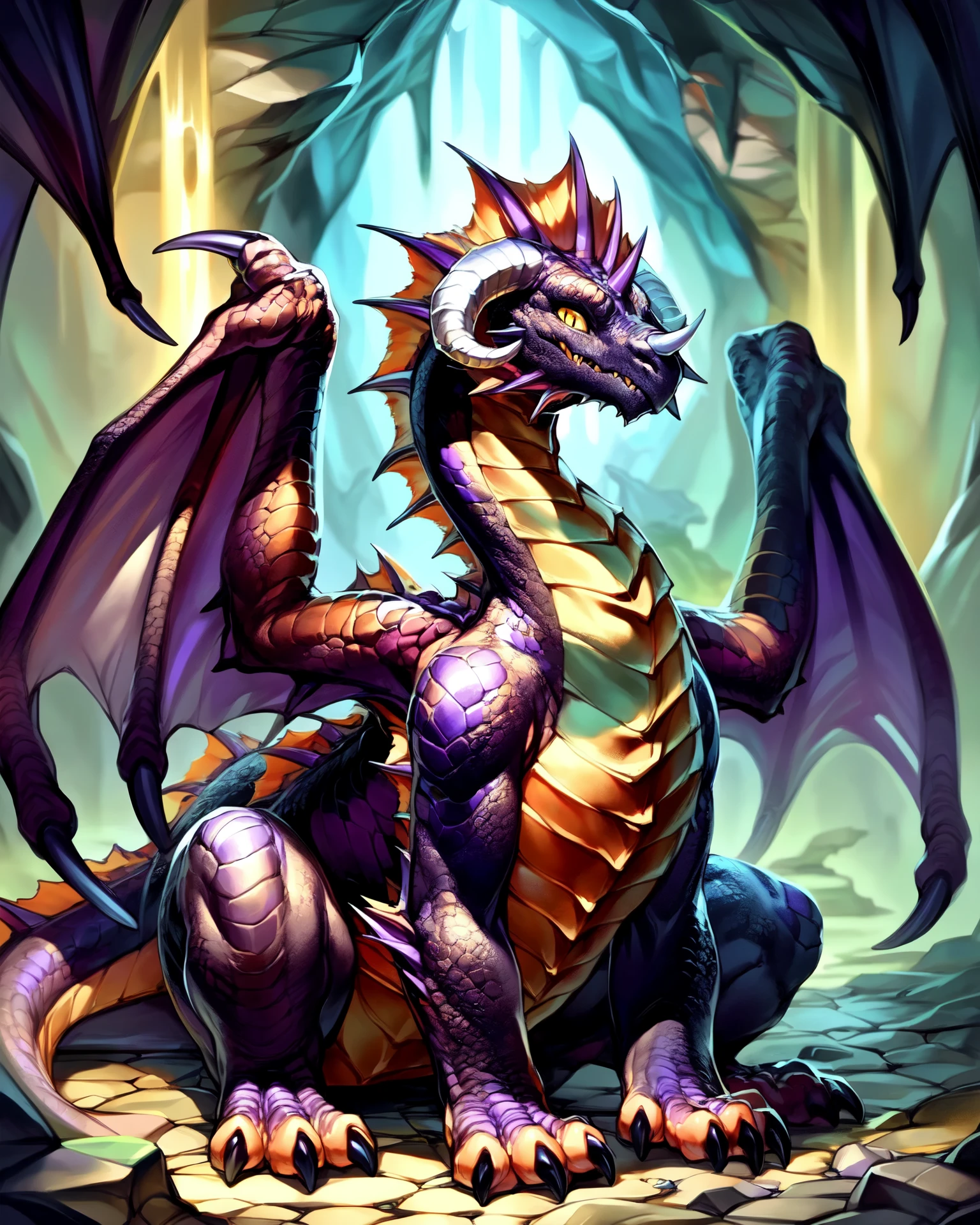 <lora:WoW_Onyxia_a1_17_VPred-000009>,<lora:fluffyrock-quality-tags-v4:0.5>,
(best quality, good quality),feral,onyxia,solo,hi res,
detailed background,by kame 3,by crayon \(artist\),
three-quarter view,yellow eyes,wings,(nose horn),slit pupils,hands on ground,cave,