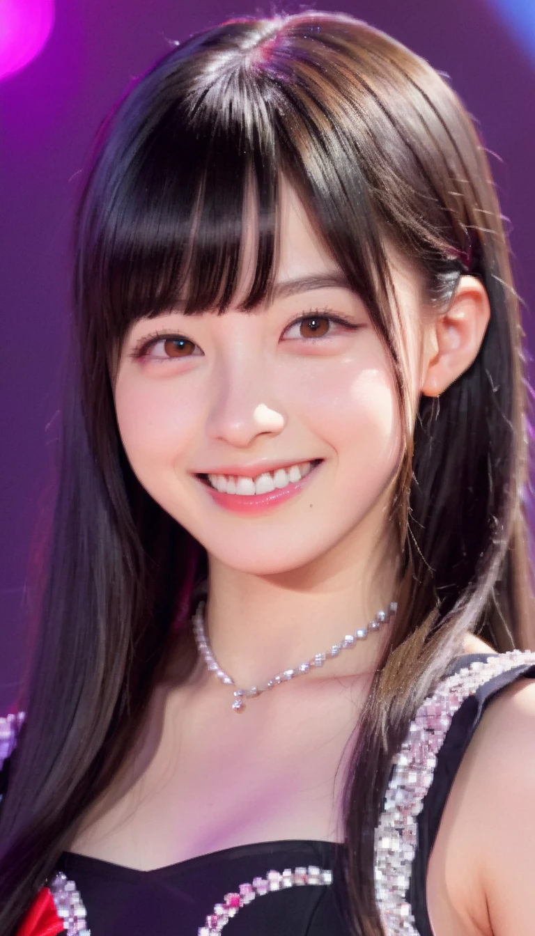 1girl,(RAW photo, best quality), (realistic, photo-realistic:1.4), masterpiece, an extremely delicate and beautiful, extremely detailed, 2k wallpaper, Amazing, finely detail, extremely detailed CG unity 8k wallpaper, ultra-detailed, highres, hard light, beautiful detailed girl, extremely detailed eyes and face, beautiful detailed nose, beautiful detailed eyes,cinematic lighting,perfect anatomy,
on a concert stage,stage lights,concert lights,crowd,tokyo dome,
(wearing japanese pop idol dress)
(grinning),long hair,hair with bangs, (black hair)<lora:MTAHashimotoKannaXL:0.8>,hashimotokanna
