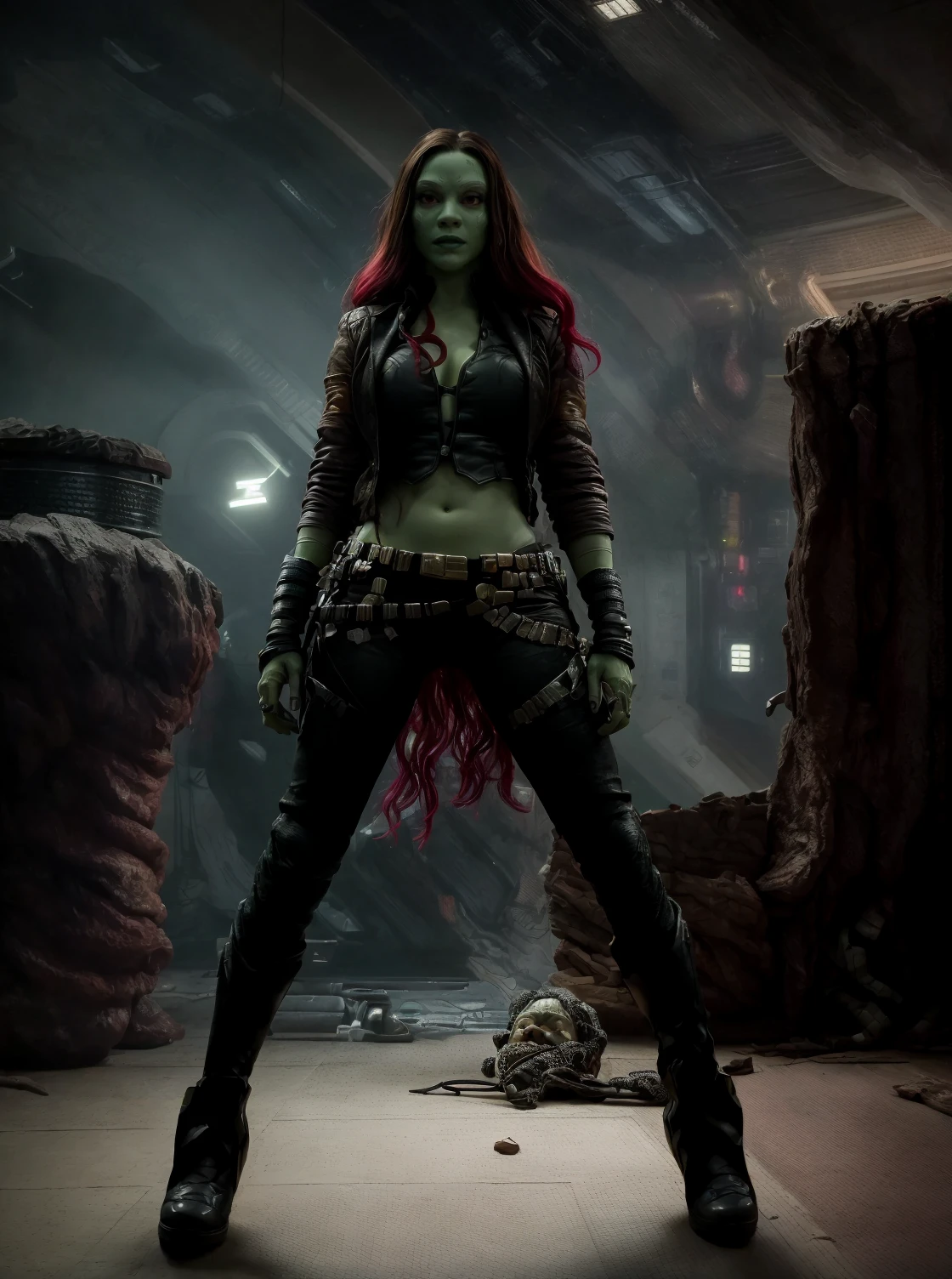 linda mulher, (((inspirada em "Gamora" de "Guardians of the Galaxy"))), roupas de Alien, ((Autorretrato de meio corpo frontal)), 8k UHD, DSLR, grain of film, pintura fotorrealista Fujifilm XT3 arte midjourney, ((as Zoë Saldaña)), (NSFW:1.35)
