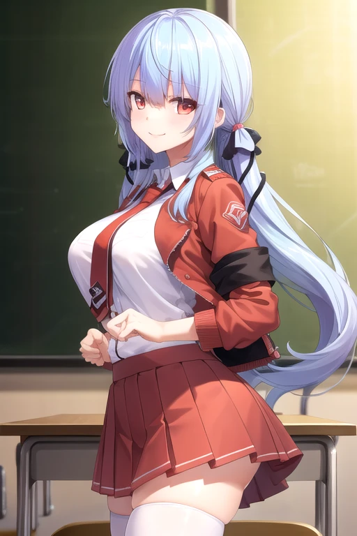 ((masterpiece)),(best quality),official art,extremely detailed CG,unity 8k wallpaper,ultra detailed,beautiful detailed eyes,extremely detailed face,classroom,1girl,solo,cowboy shot,looking at viewer,facing viewer,smile,very long hair,blue hair,hair bobbles,hair ribbon,black ribbon,hair ornament,eyes visible through hair,sidelocks,blunt bangs,red eyes,cropped jacket,red jacket,open jacket,white shirt,collared shirt,red necktie,short sleeves,large breasts,miniskirt,pleated skirt,red skirt,white thighhighs,loafers,<lora:Shuukaidou Rika(aosa):0.8>,