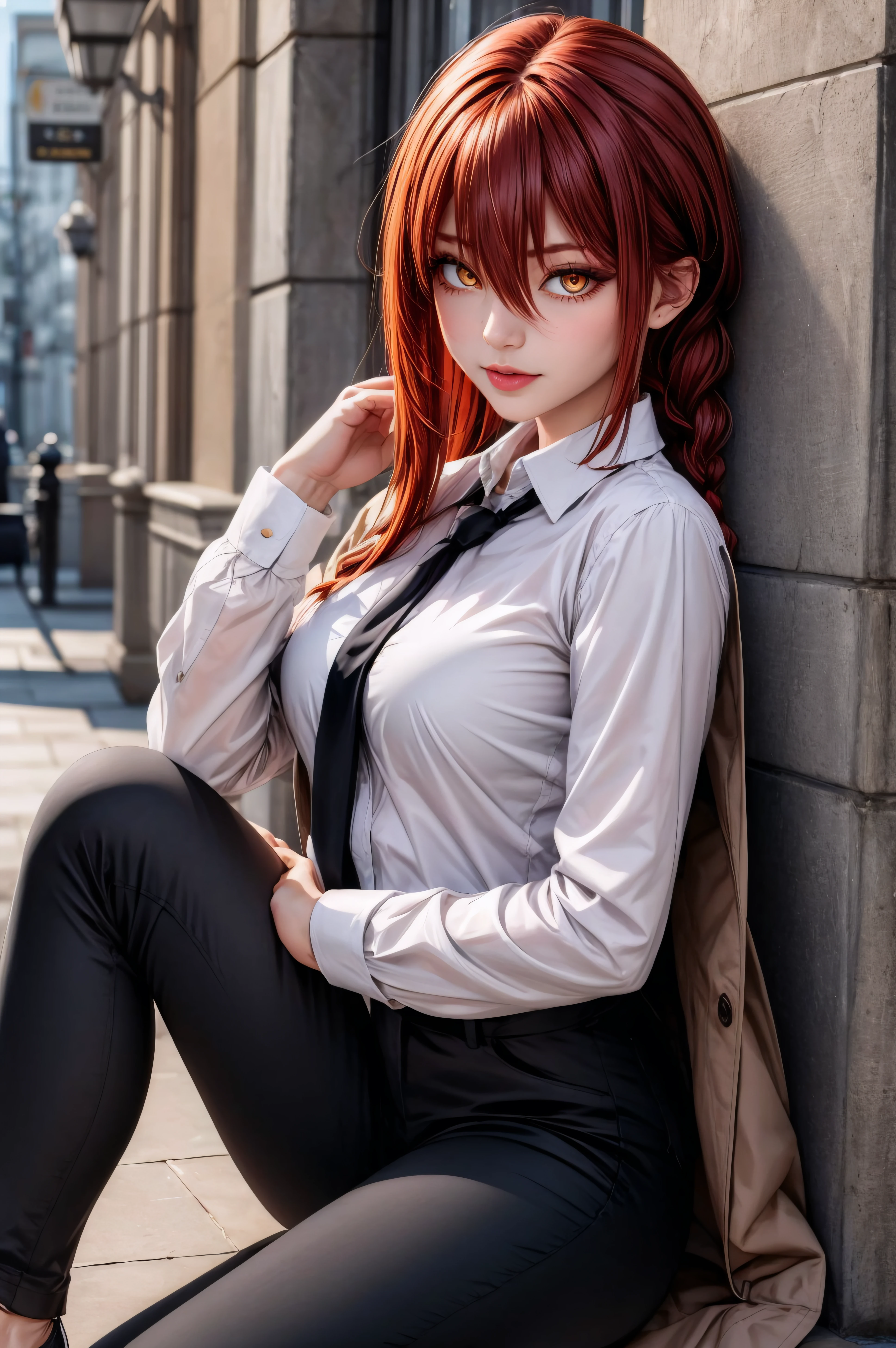 (masterpiece, best quality), <lora:makima-lora-Faxtron:0.8> makima, woman, yellow eyes, ringed eyes, red hair, long hair, braided ponytail, hair between eyes, medium breasts, bangs, long sleeves, white shirt, black coat, black pants, black necktie, black shoes,
<lora:add_detail:0.8>,