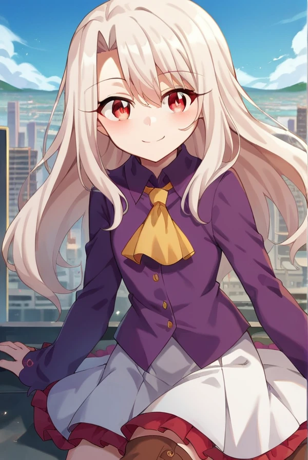 score_9, score_8_up, source_anime, 1girl, illyasvielvoninzbern, illyasviel von einzbern, long hair, (red eyes:1.5), white hair, skirt, shirt, long sleeves, boots, ascot, white skirt, frilled skirt, purple shirt, looking at viewer, smile, cityscape, blue sky <lora:illyasviel_von_einzbern-sdxl-nochekaiser-000008:1>