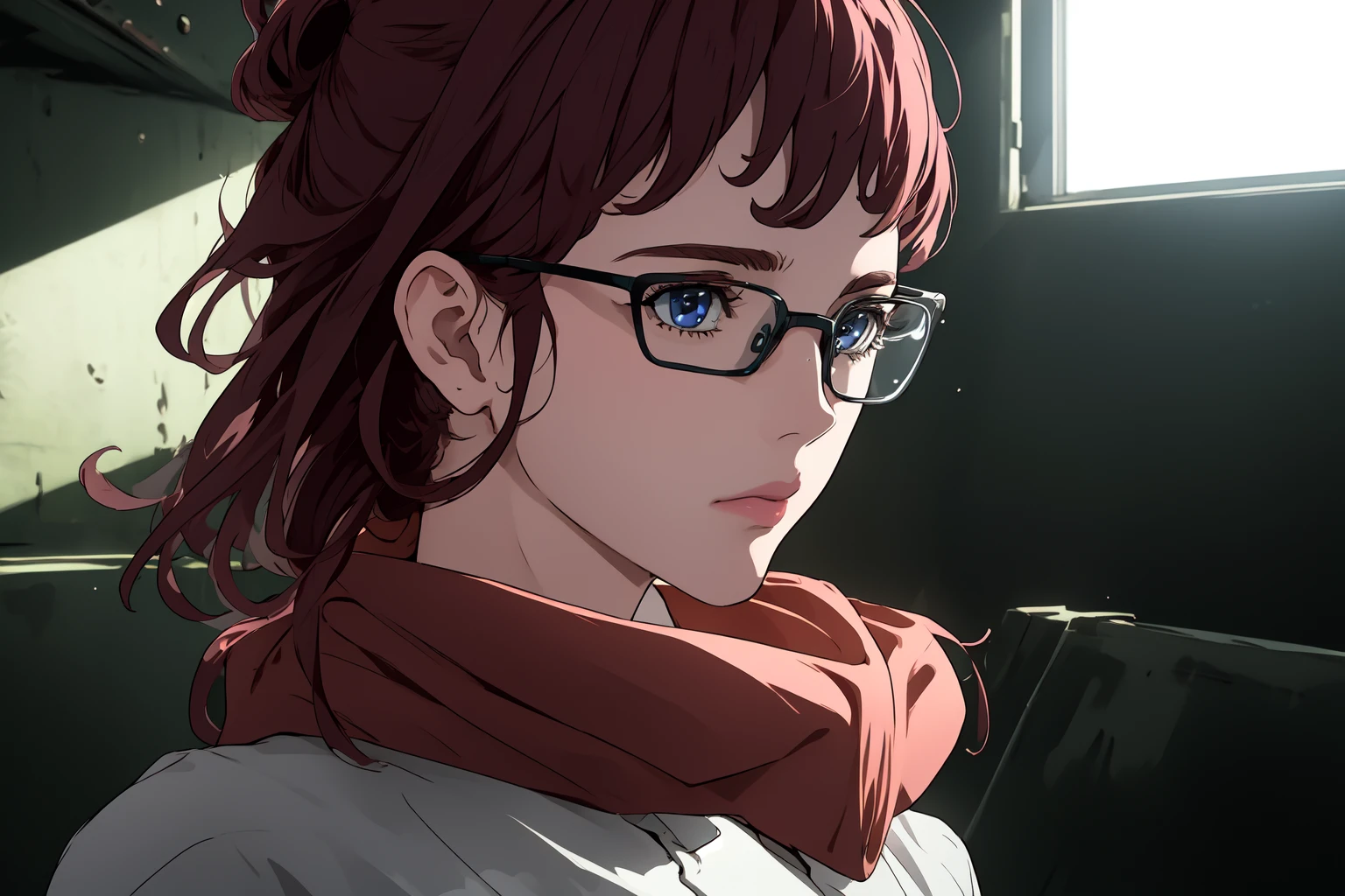(RAW photo, best quality), 1girl, natural lighting, <lora:gundam_thunderbolt_karla_mitchum_v1_2-000007:1>, karla_mitchum, glasses,