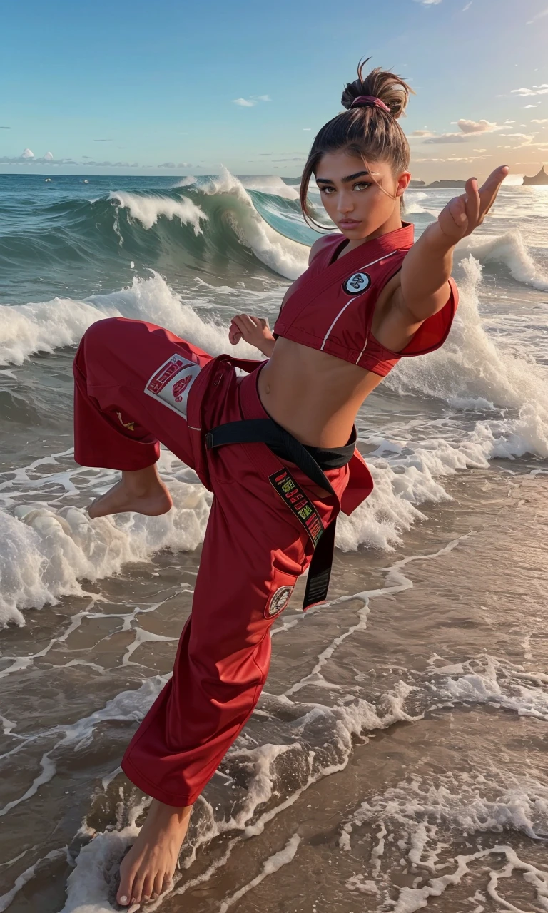 Realistic surfing action, Full body shot,masterpiece,hight resolution,ultra-detailliert,ultra-quality, 8K Portrait Photo,Realistic,glossy wet skin, surfing skill, bend knee, mira filzah face, Solo malay Girl, wear hijab, (mira filzah: 1.6) ,Wetty ,Wet hijab, perform surfing, surf, (Surfing, Tube Waves:1.3,),(Stand on a colorful surfboard:1.3,),Perfect body, small breast, small waists, wide hips, thick thighs,Wearing pink sleeveless pink wetsuit, The performance of the winner in the international surfing competition、surfing, Looking at Viewer, Sunlight, Beautiful hands, Beautiful Finger、