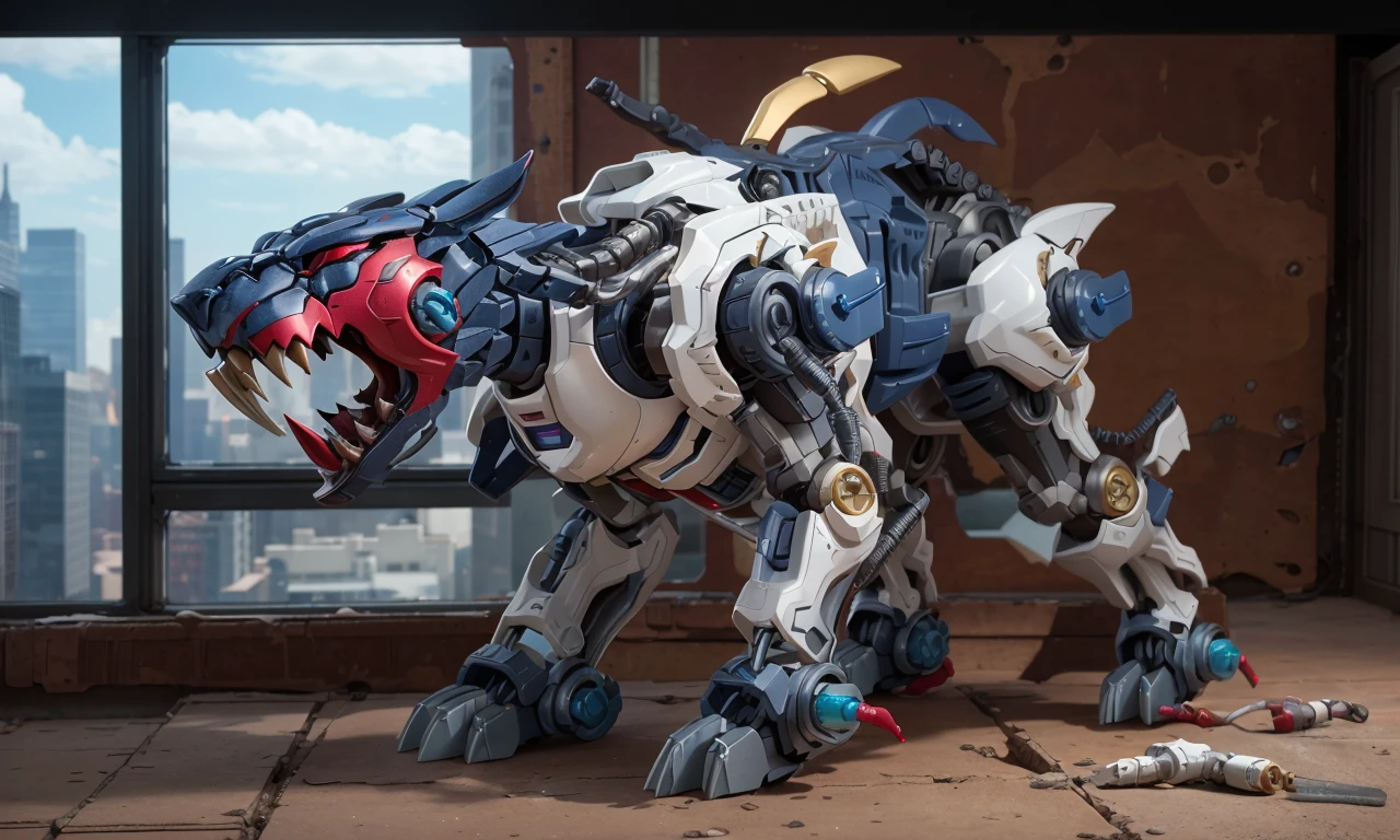 tgrzoid2024v2, blue mechanical tiger, 4 legs, robotic head, mecha, cybernetic, cyberpunk, armor, armored head, quadruped, best quality, zoids, new york city, blue metal