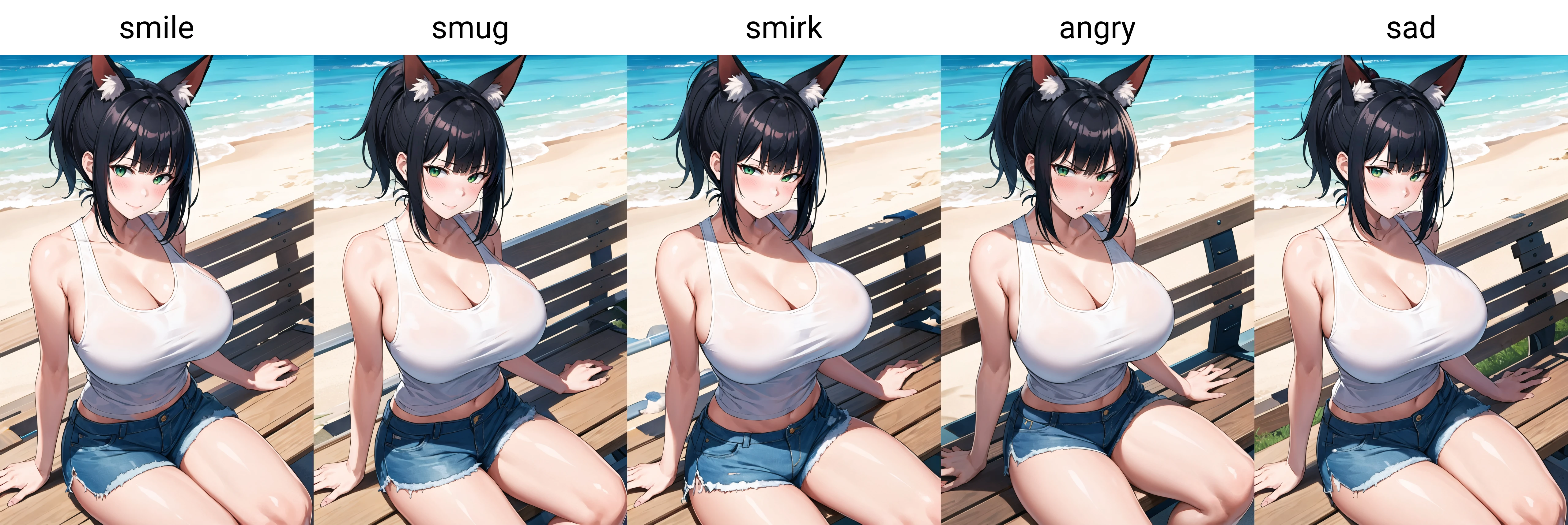 masterpiece, best quality, 1girl, solo, sitting, on bench, outdoors, beach, tank top, (white tank top:1.2), (black hair:1.2), green eyes, (smile), ponytail, blunt bangs, short hair, huge breasts, blue shorts, fox ears, <lora:Nanae-Style-000052:1>