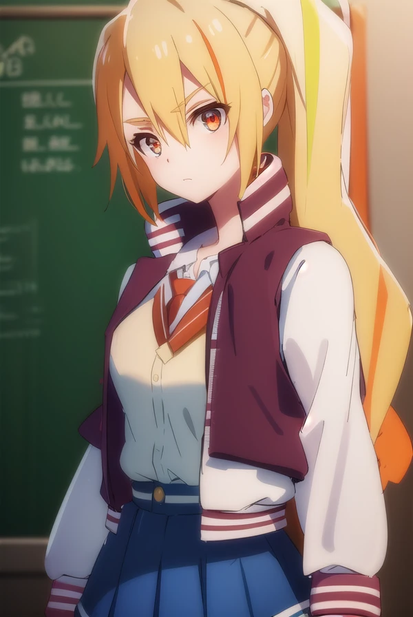 sakinikaidou, <lora:saki nikaidou s2-lora-nochekaiser:1>,
saki nikaidou, blonde hair, eyes visible through hair, hair over one eye, light green hair, long hair, multicolored hair, (orange eyes:1.3), orange hair, ponytail, streaked hair,
BREAK blue skirt, jacket, (letterman jacket:1.5), necktie, orange necktie, skirt,
BREAK looking at viewer, full body,
BREAK indoors, classroom,
BREAK <lyco:GoodHands-beta2:1>, (masterpiece:1.2), best quality, high resolution, unity 8k wallpaper, (illustration:0.8), (beautiful detailed eyes:1.6), extremely detailed face, perfect lighting, extremely detailed CG, (perfect hands, perfect anatomy),