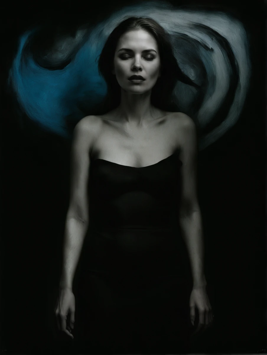 A woman lies in the sea,First perspective,overhead photography,The background is a vicious fish,epic poster art, sci - fi horror art, epic fantasy sci fi illustration, Epic surrealism,Oil painting in 8K