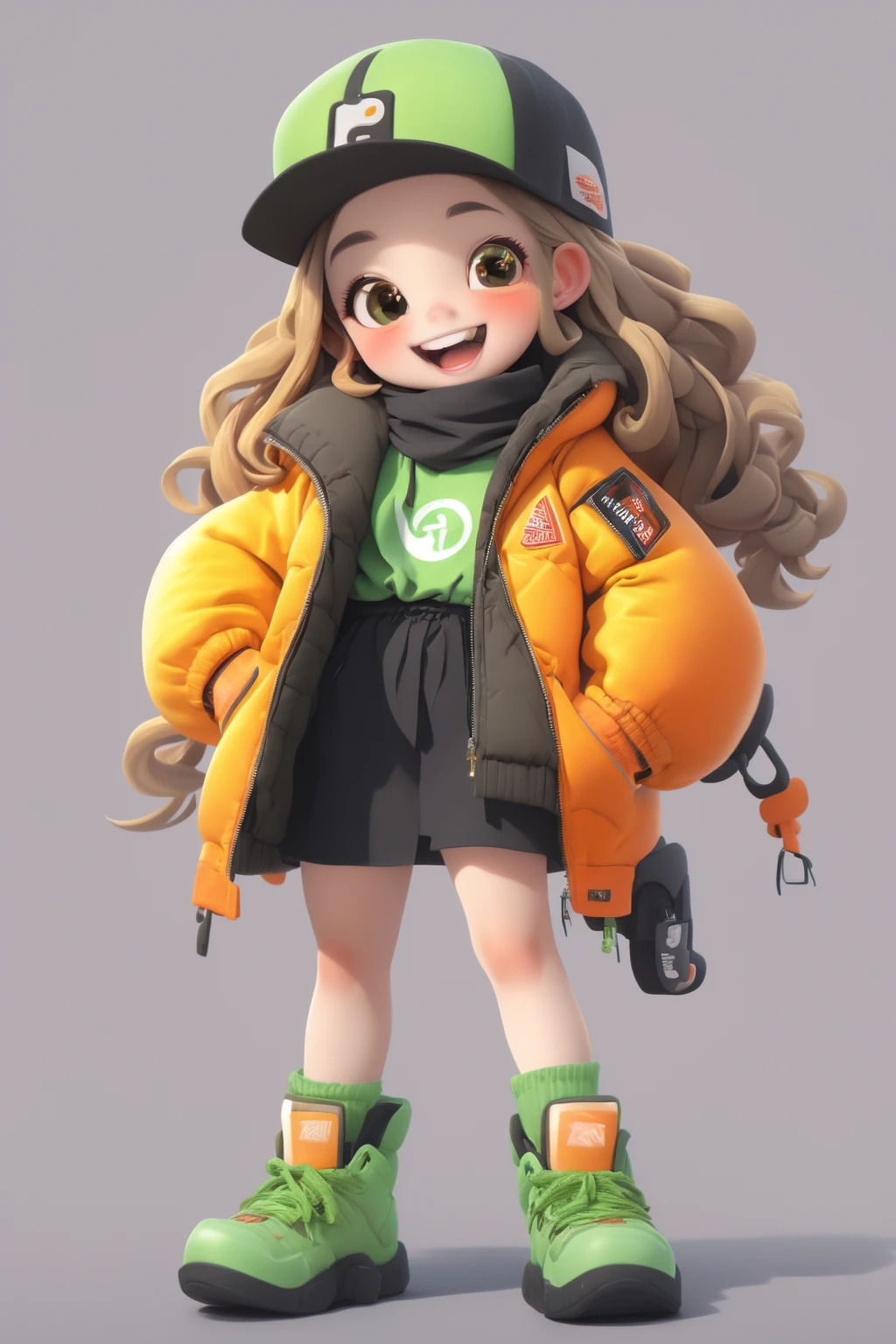 popmart,1girl,orange jacket,green hat, personalized outfit with hip-hop style, open-mouthed smile,Happy face,